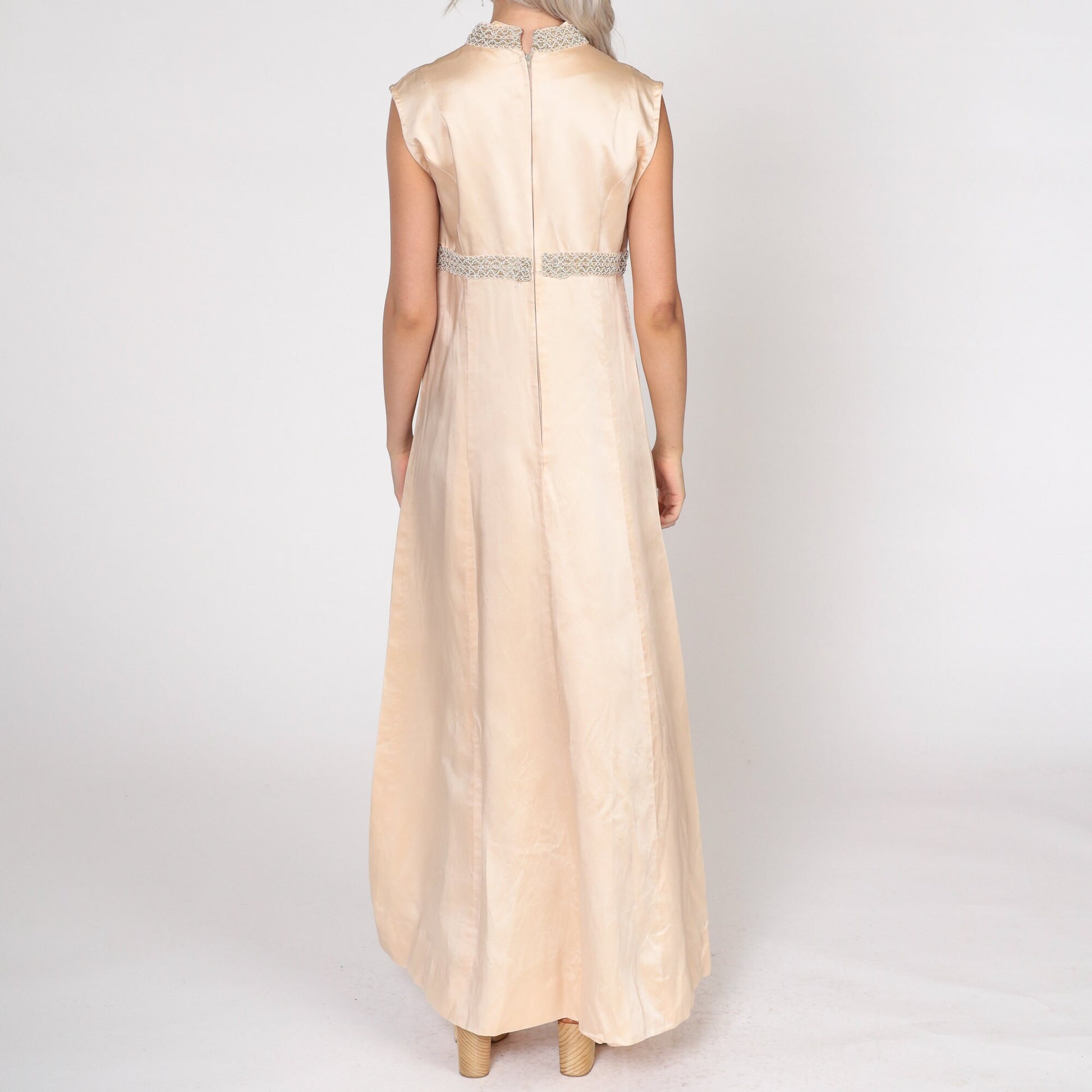 60s Champagne Beaded Maxi Dress Empire Waist Sleeveless Small S