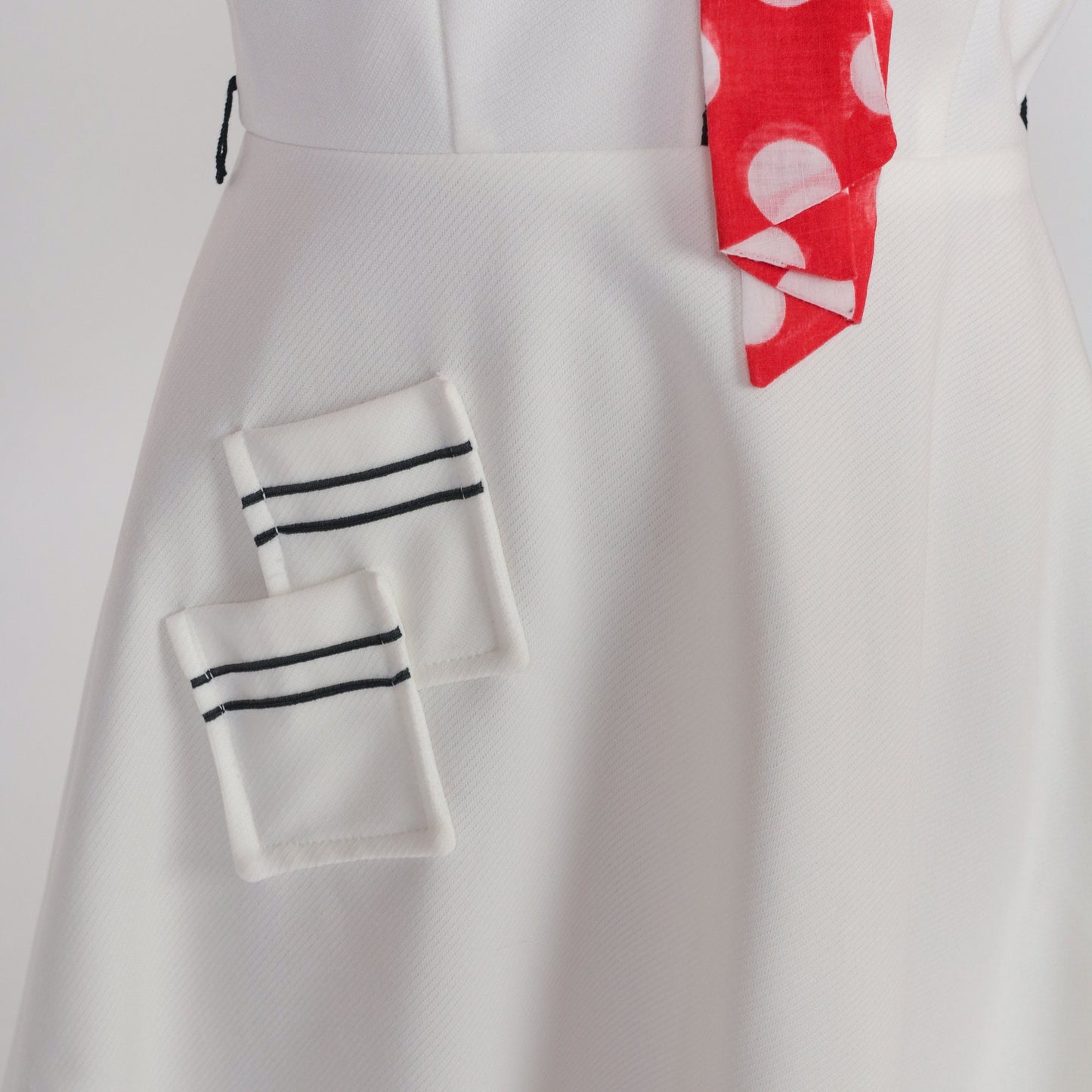70s Mod Ascot Dress White Polka Dot High Waist Midi Long Sleeve Small