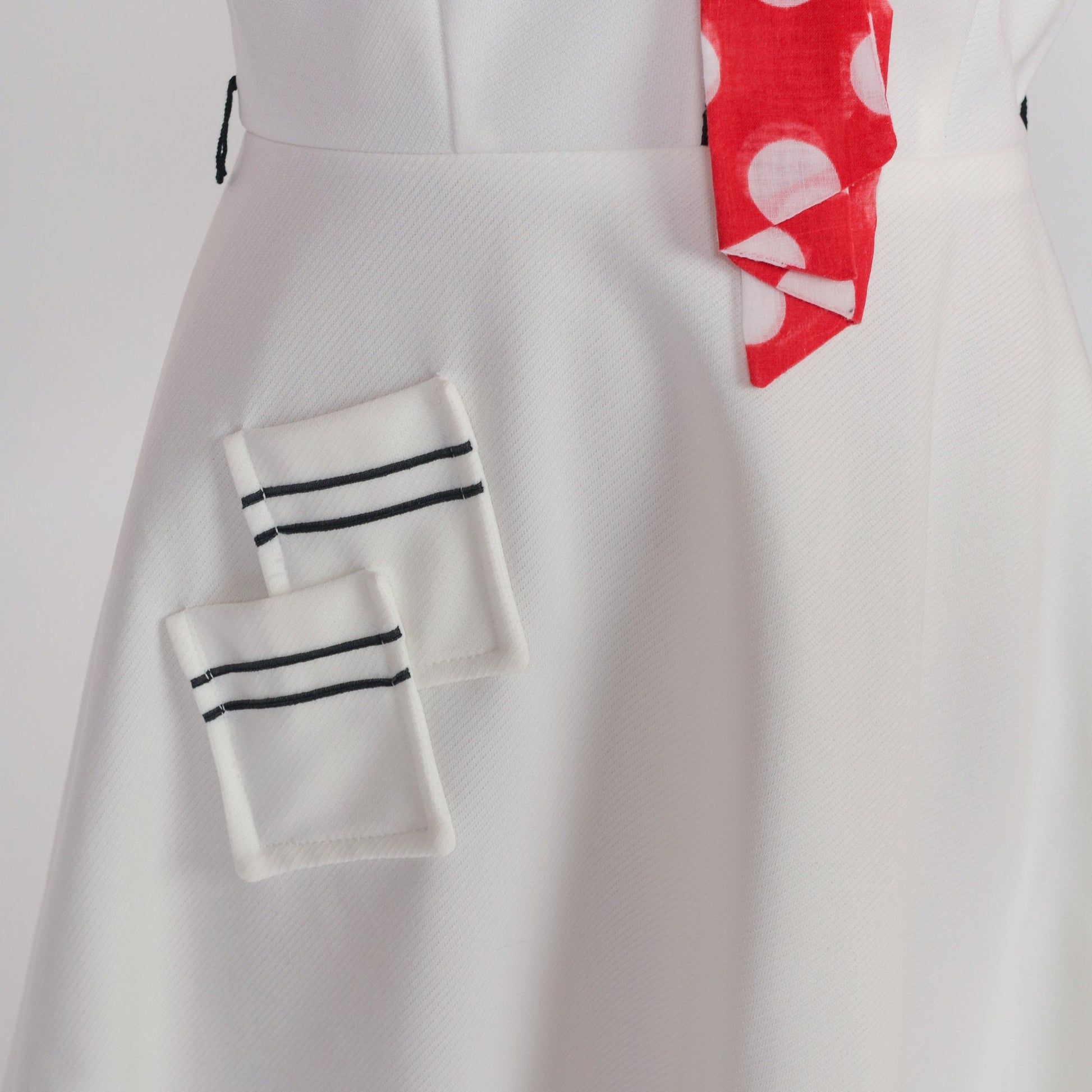 70s Mod Ascot Dress White Polka Dot High Waist Midi Long Sleeve Small