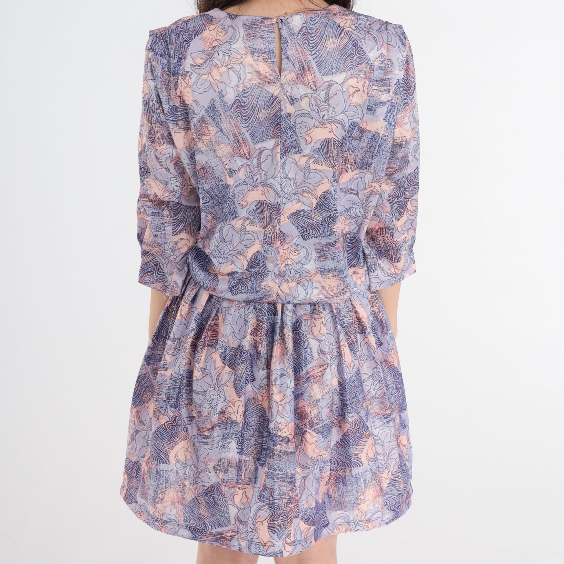 80s Floral Mini Dress Purple Peach Navy 3/4 Sleeve High Waisted Medium