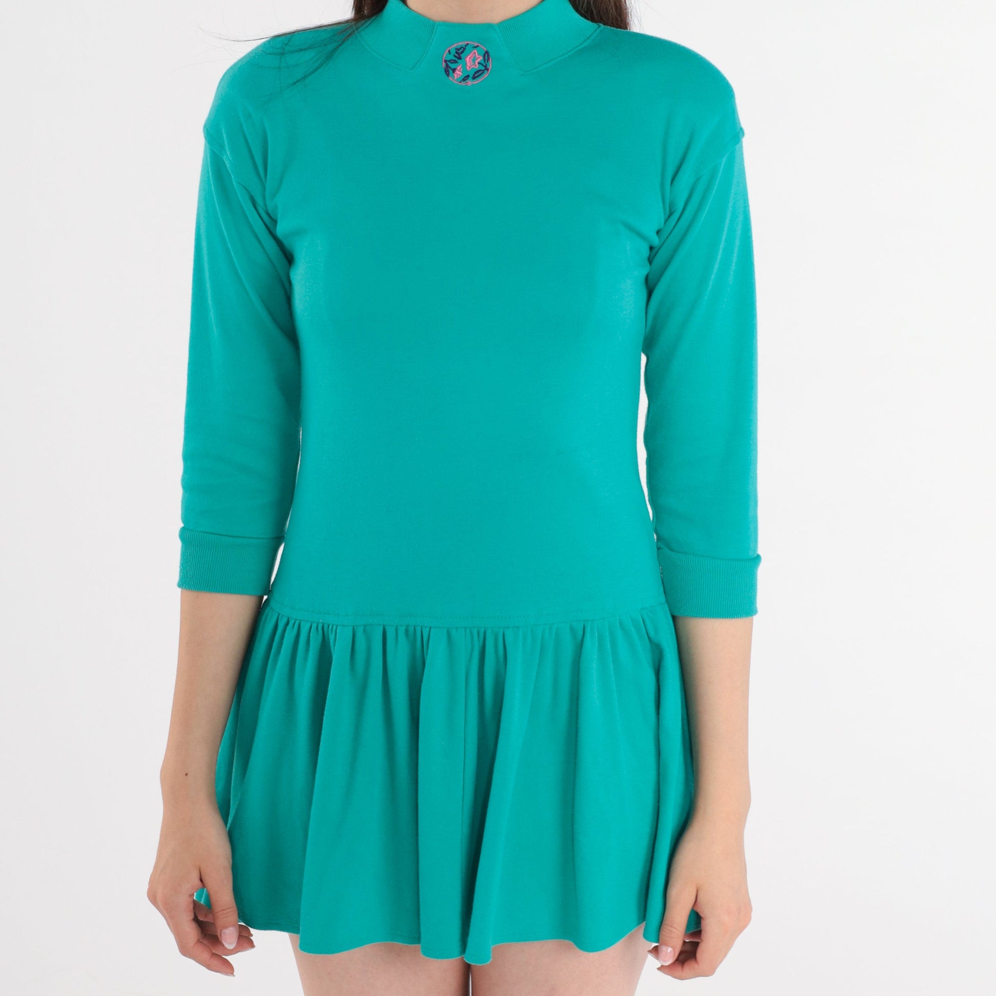 90s Turquoise Mini Dress Button Back Mock Neck Floral Embroidered 3/4 Sleeve XXS