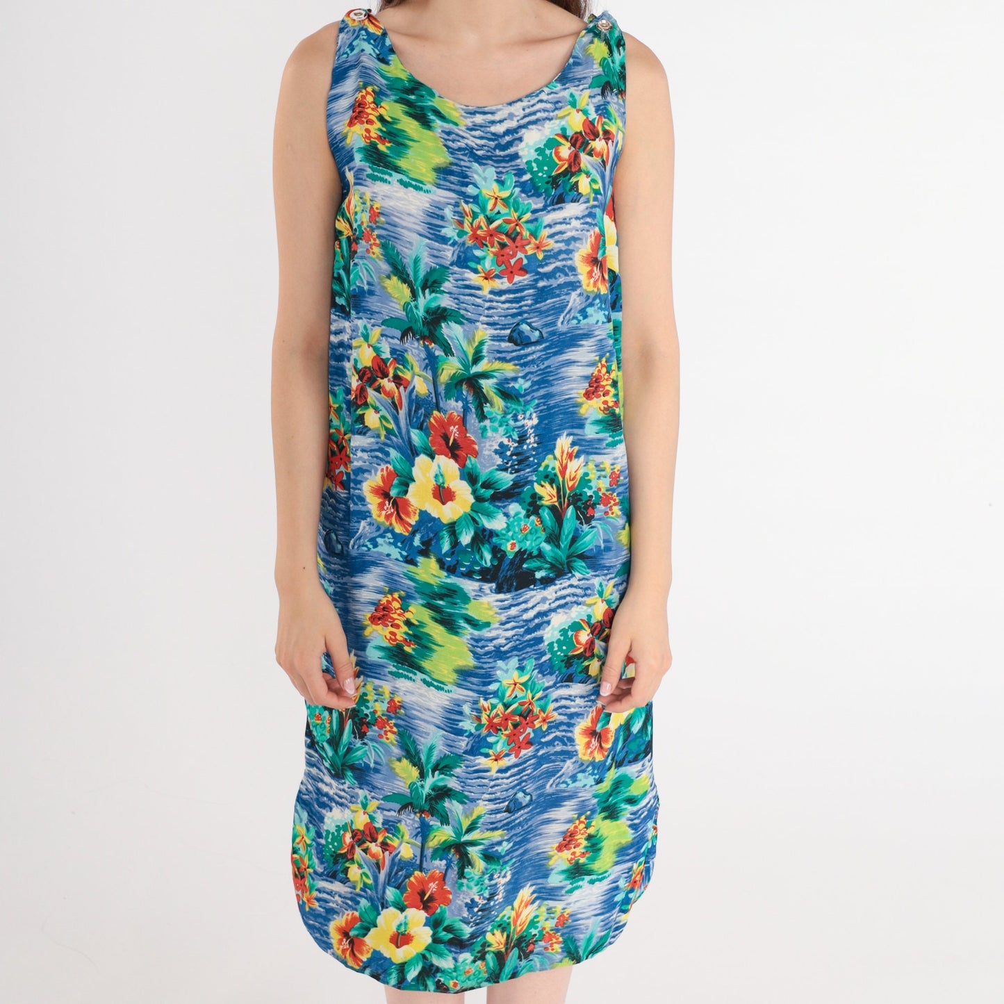 90s Hawaiian Tropical Floral Shift Dress Sleeveless Midi Blue Rayon Small