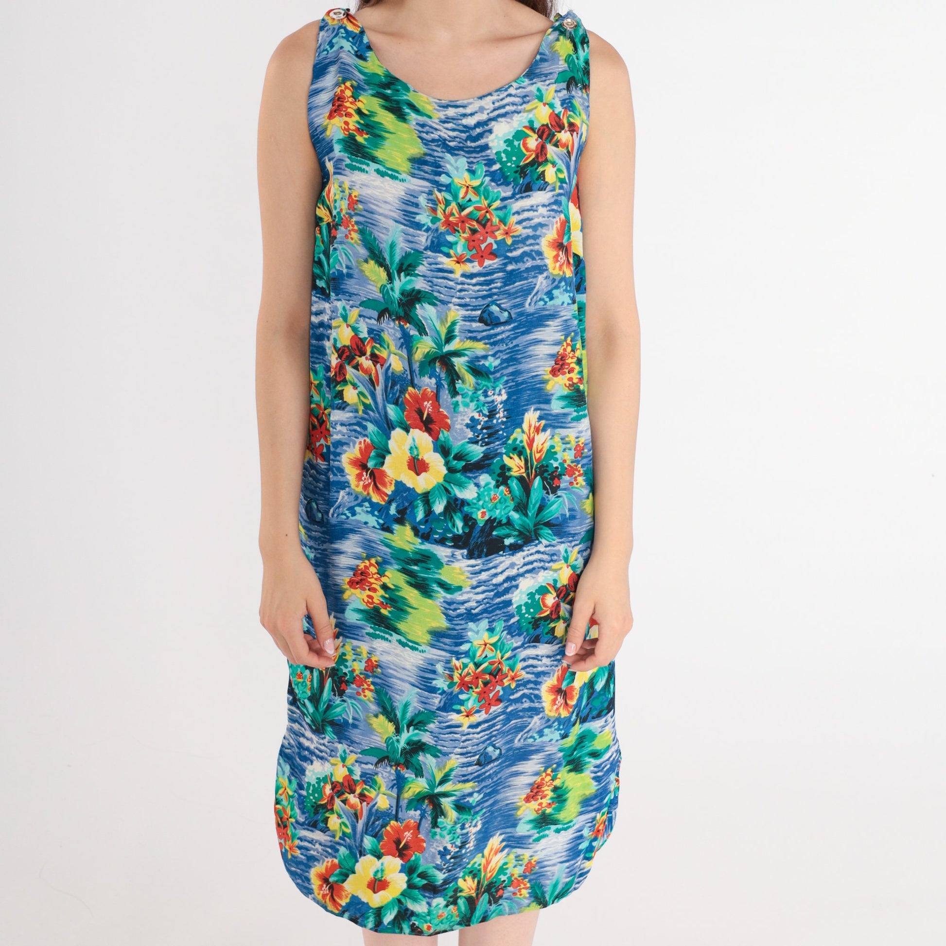90s Hawaiian Tropical Floral Shift Dress Sleeveless Midi Blue Rayon Small