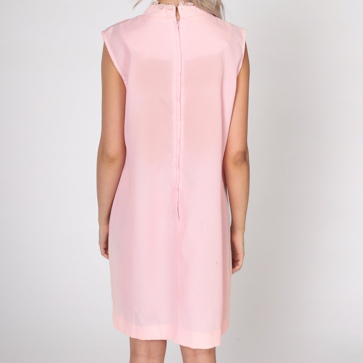 60s Mod Mini Shift Dress Baby Pink Lace Yoke Sleeveless Small Medium