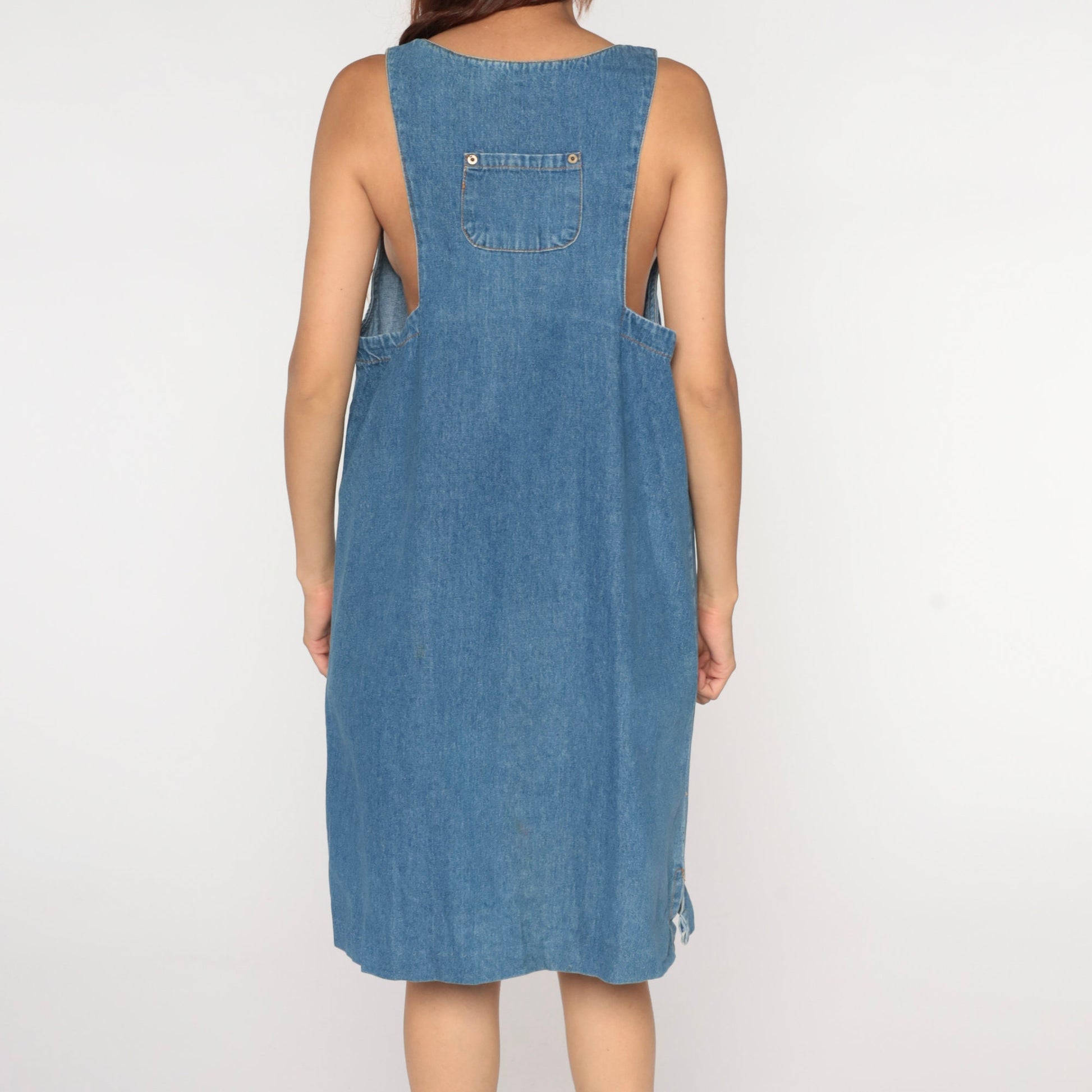90s Blue Denim Jumper Dress Mini Length Chest Pocket Sleeveless Large