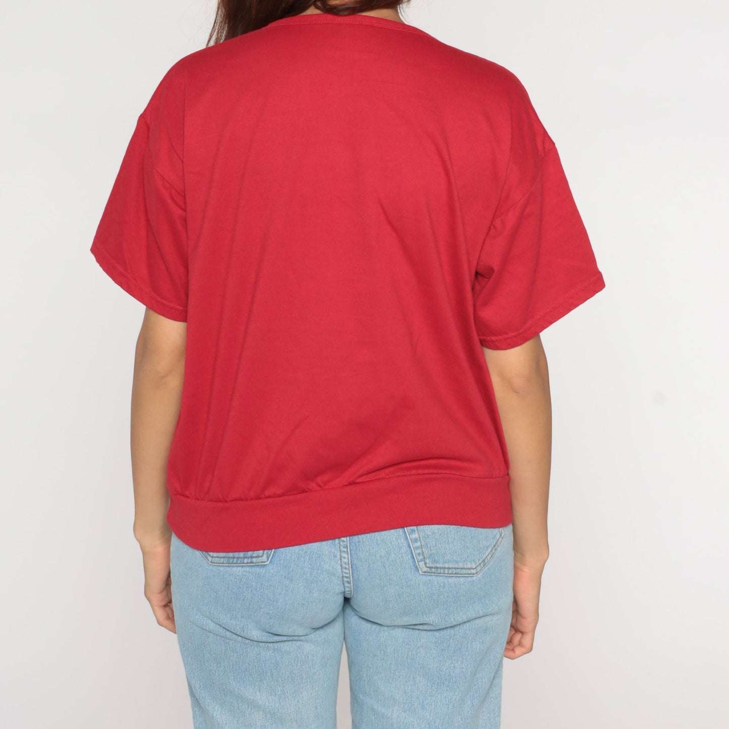 90s Red Henley Shirt Short Sleeve Banded Hem Extra Large XL