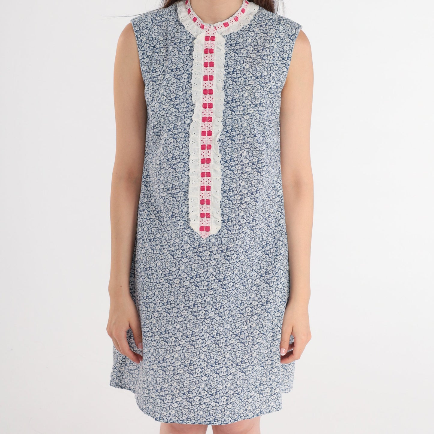 80s Liberty House Floral Eyelet Mini Shift Dress Blue White Medium 8