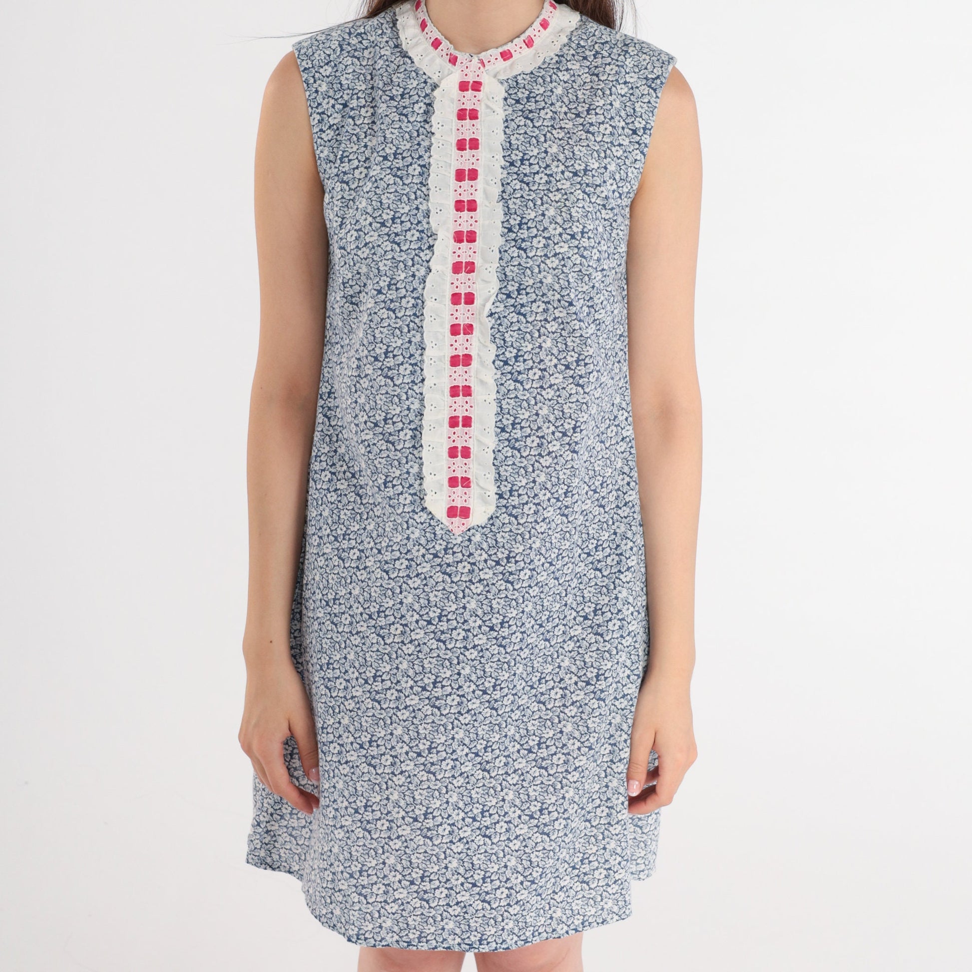 80s Liberty House Floral Eyelet Mini Shift Dress Blue White Medium 8