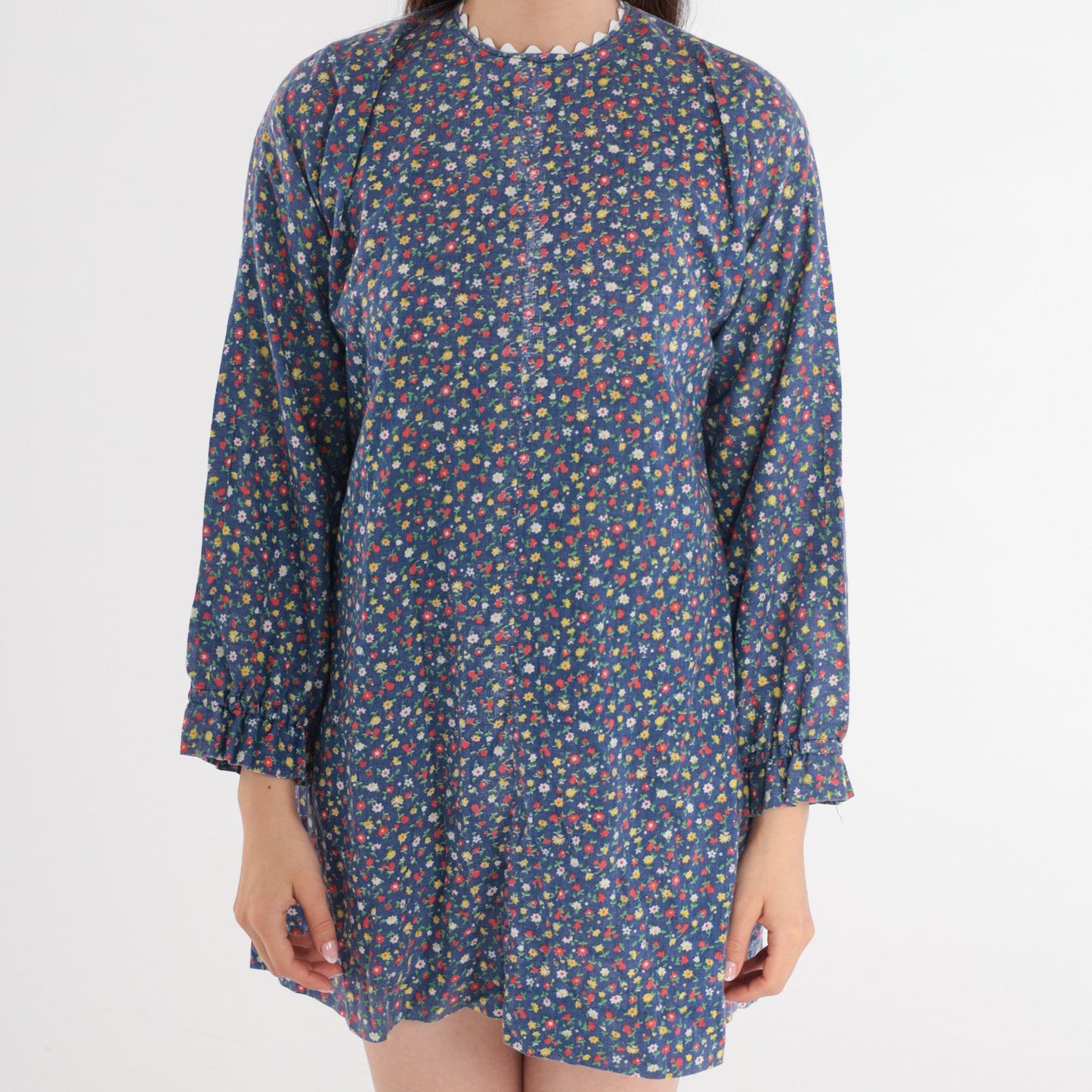 1970s Blue Floral Calico Mini Shift Dress Long Sleeve Small