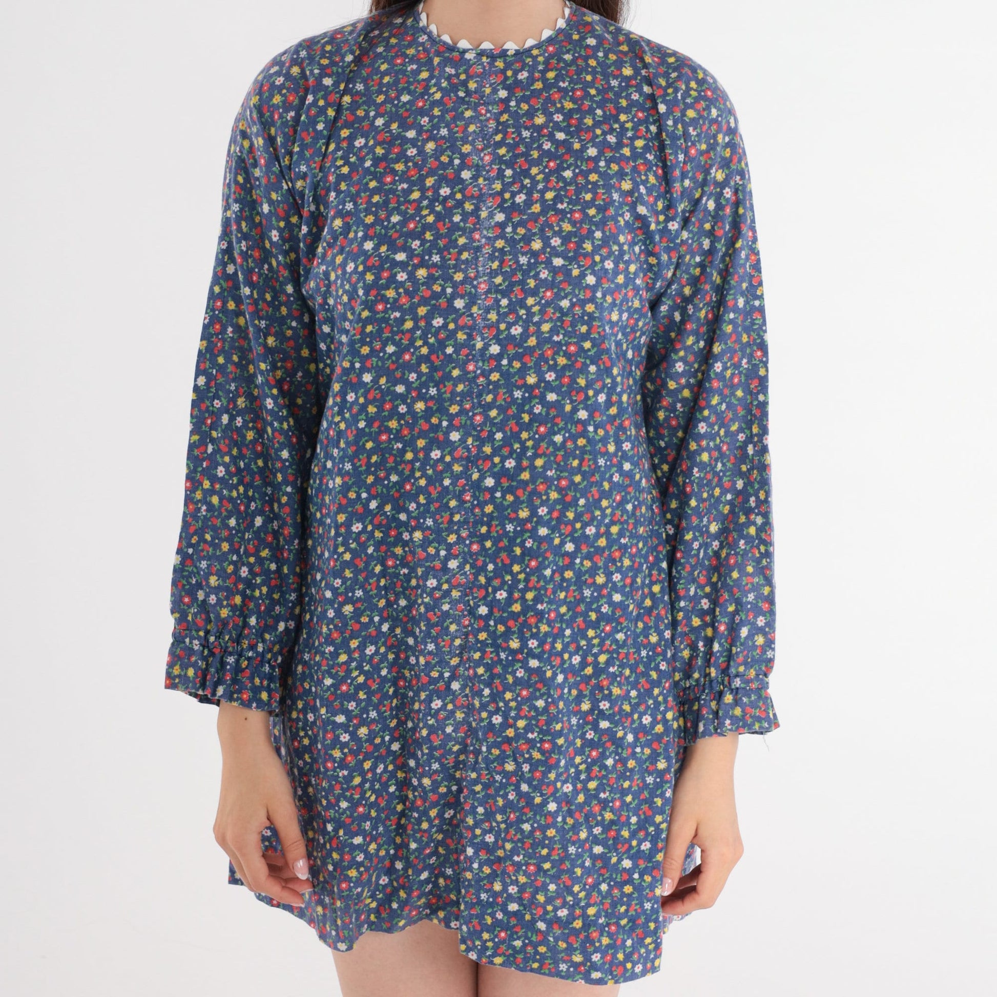 1970s Blue Floral Calico Mini Shift Dress Long Sleeve Small