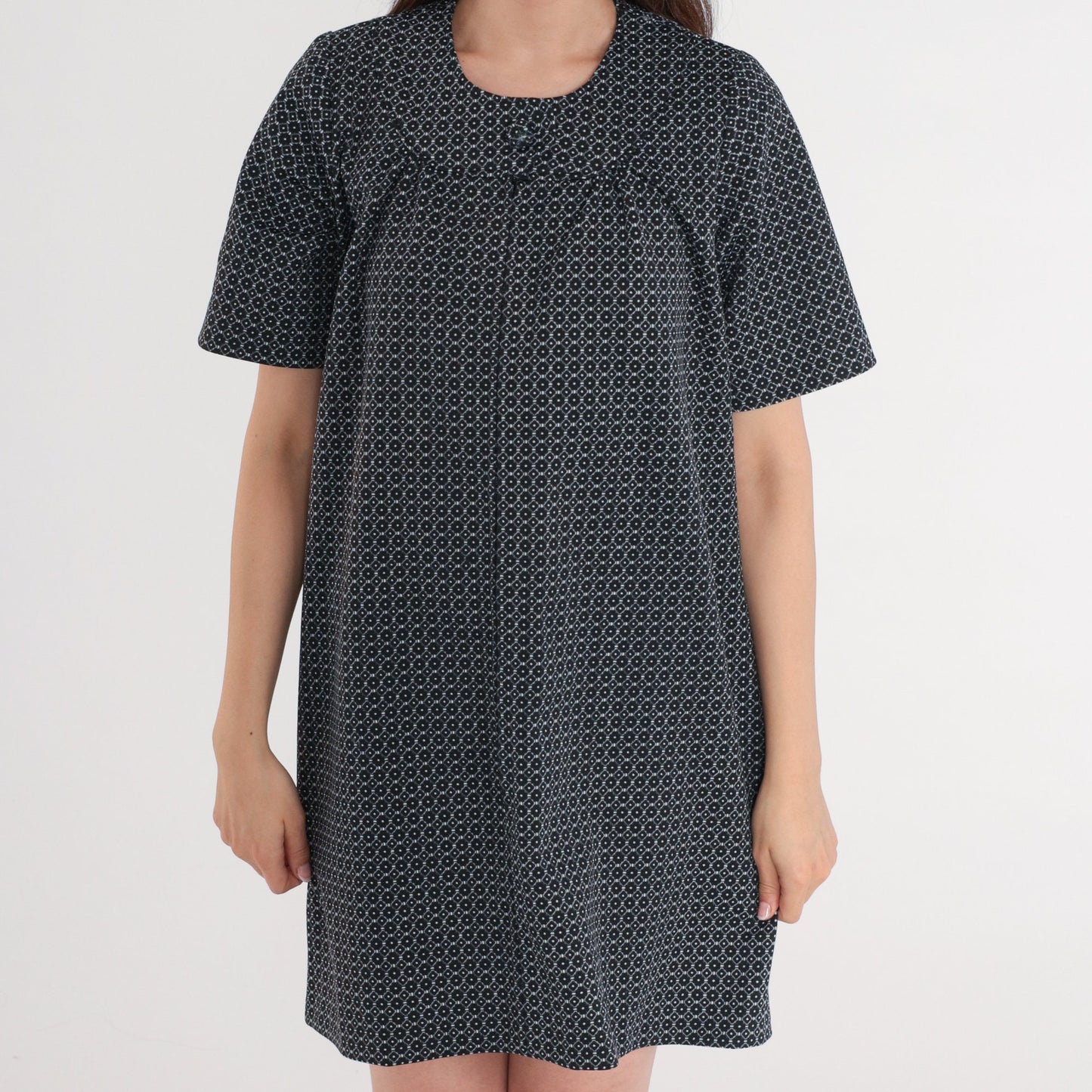 60s Mod Mini Dress Geometric Print Black White Front Zip Shift Medium