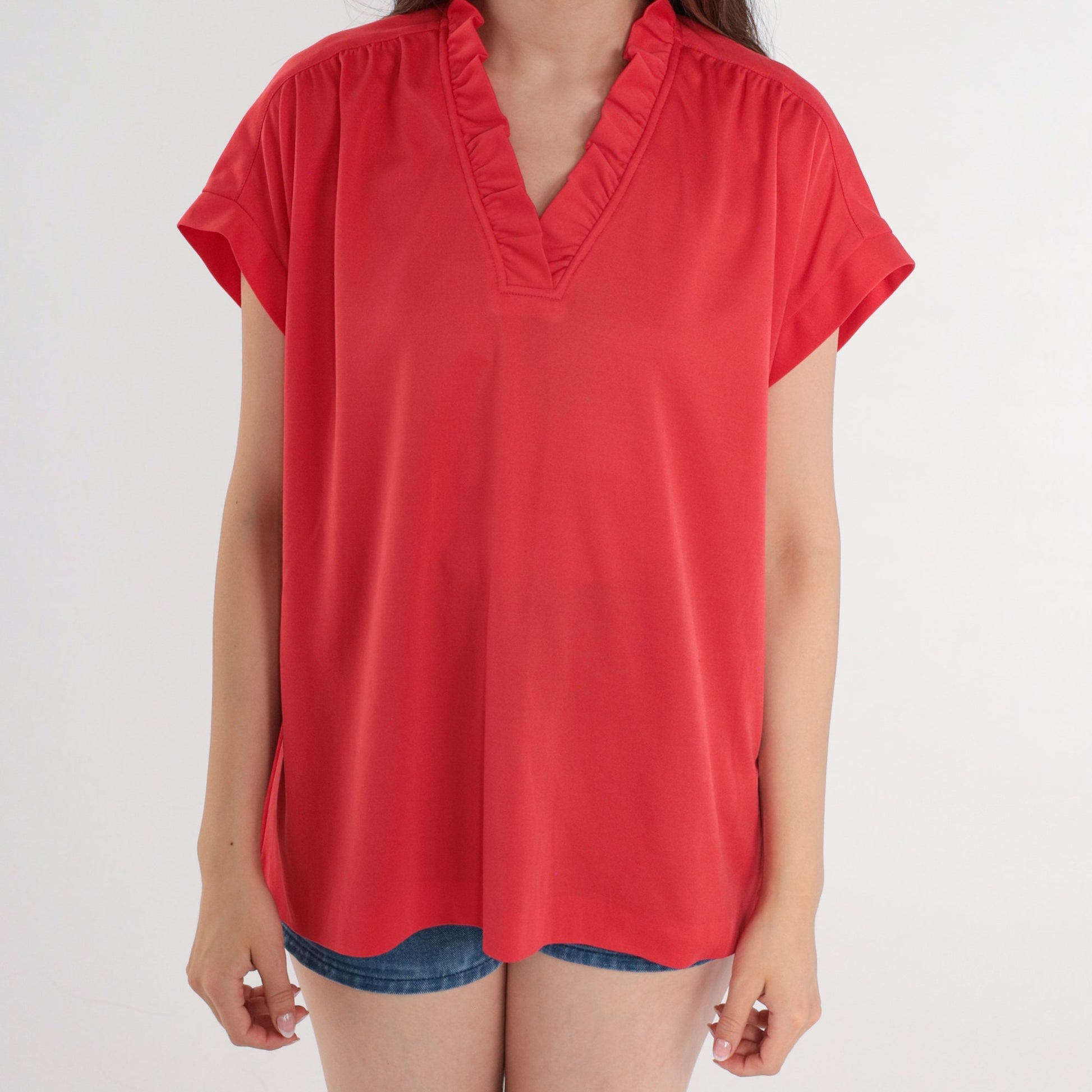 70s Red Blouse Ruffled V Neck Cap Sleeve Disco Shirt Large L