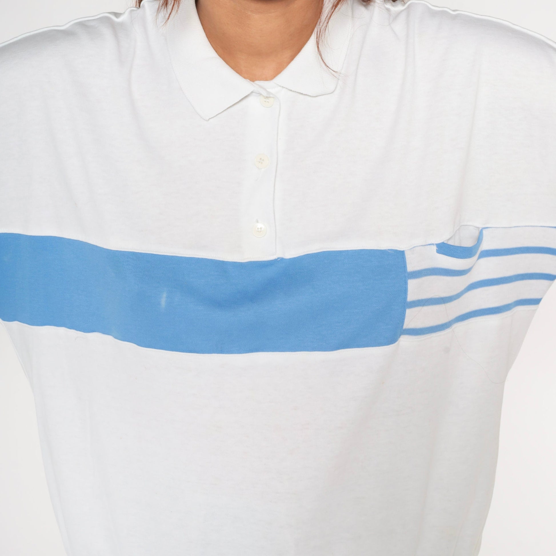 90s Catalina Striped Collared Shirt White Blue Banded Hem Large