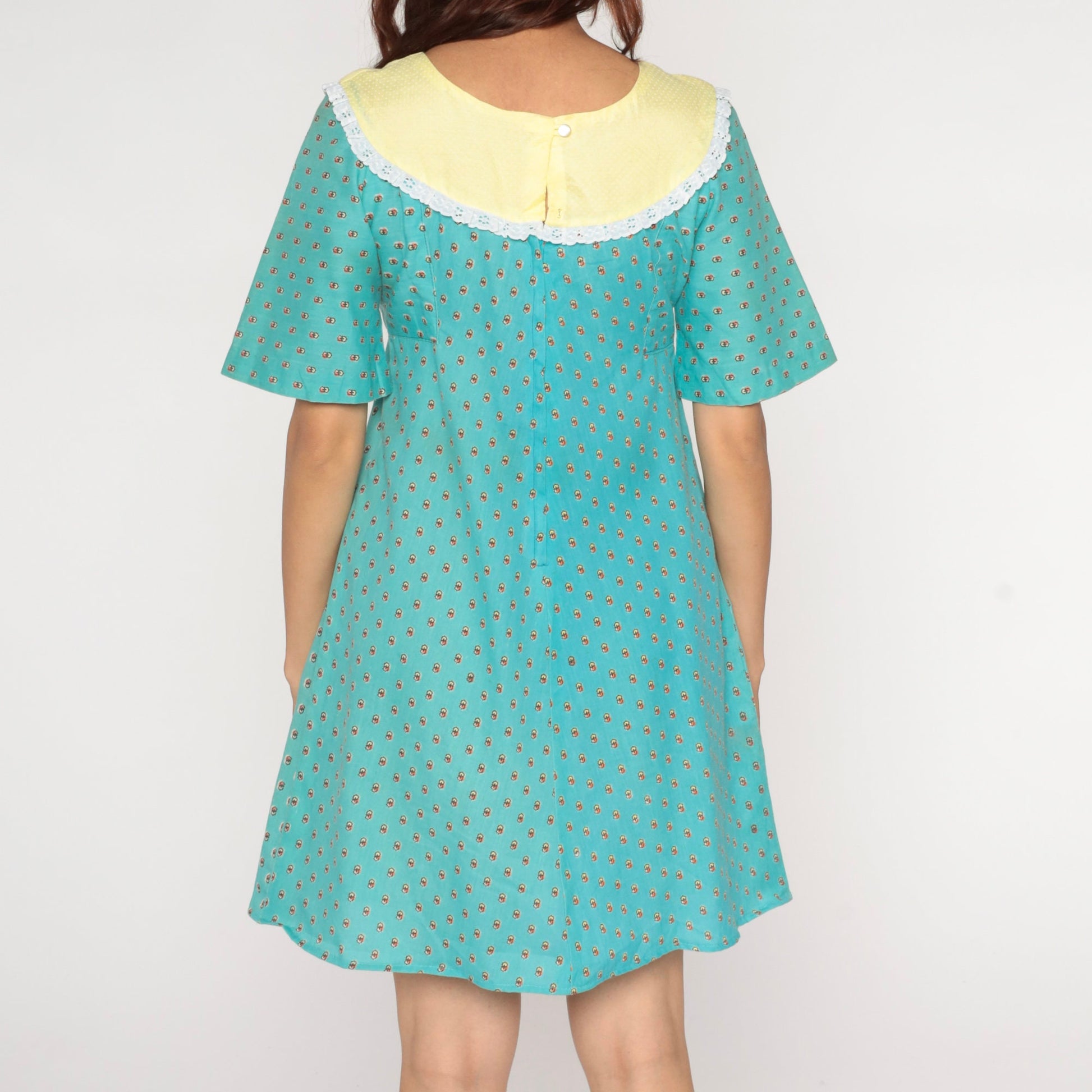 70s Turquoise Geometric Shift Dress Mini Yoke Short Sleeve Extra Small