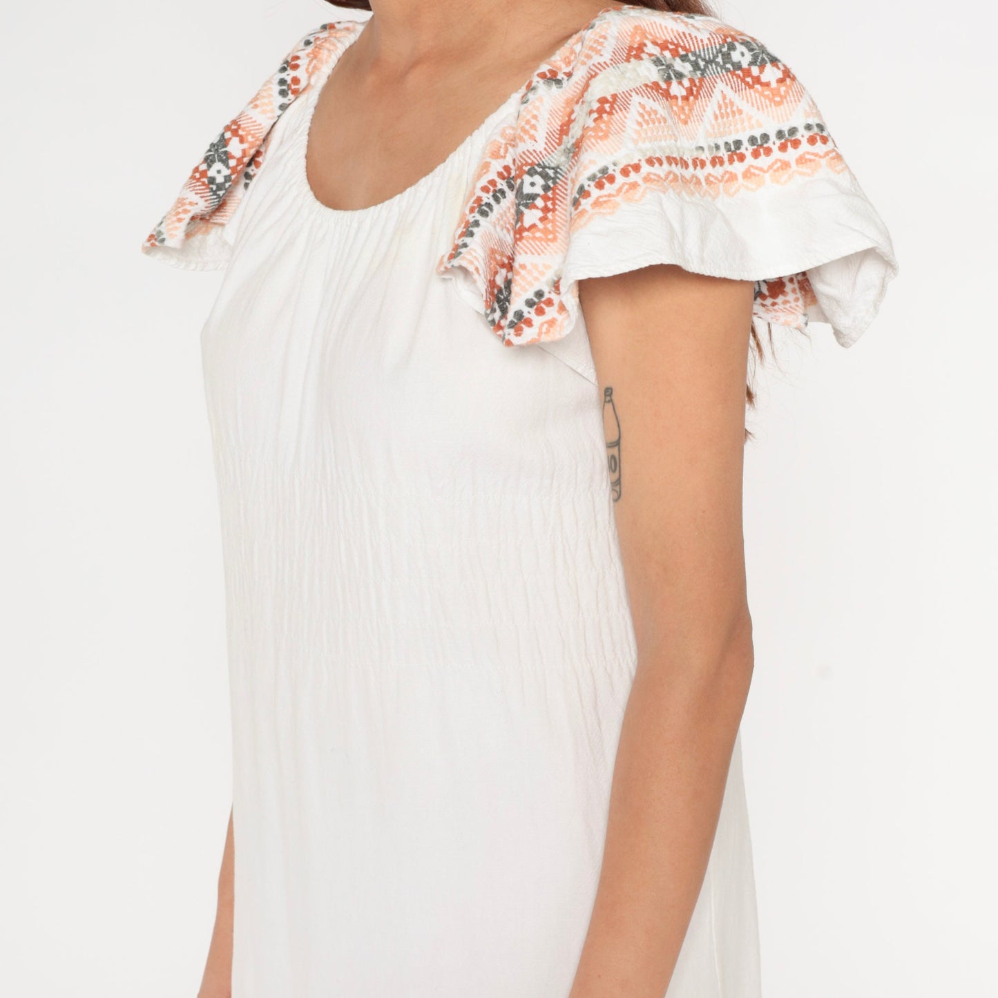 90s White Cotton Maxi Dress Aztec Embroidery Off-Shoulder Flutter Sleeve Medium