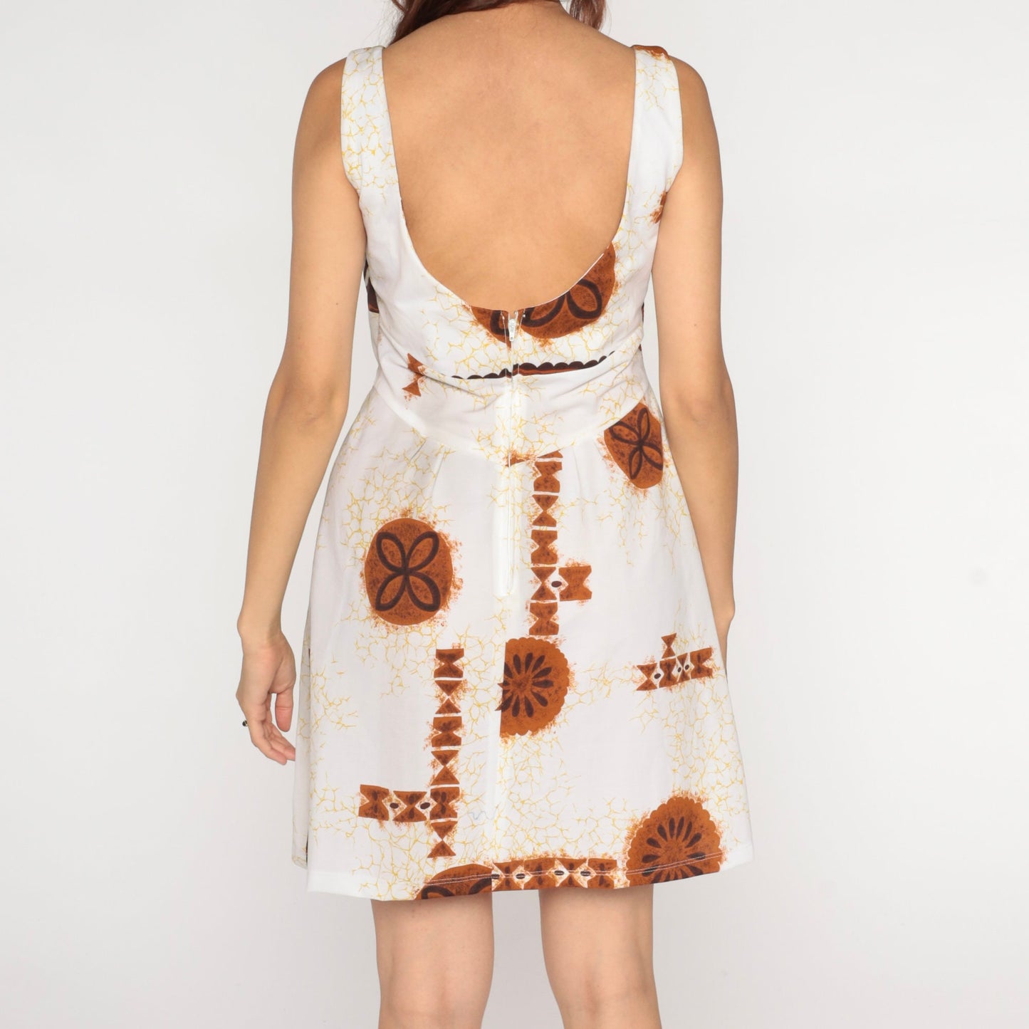 70s Malihini Hawaii Babydoll Mini Dress Floral Empire Waist White Brown Medium
