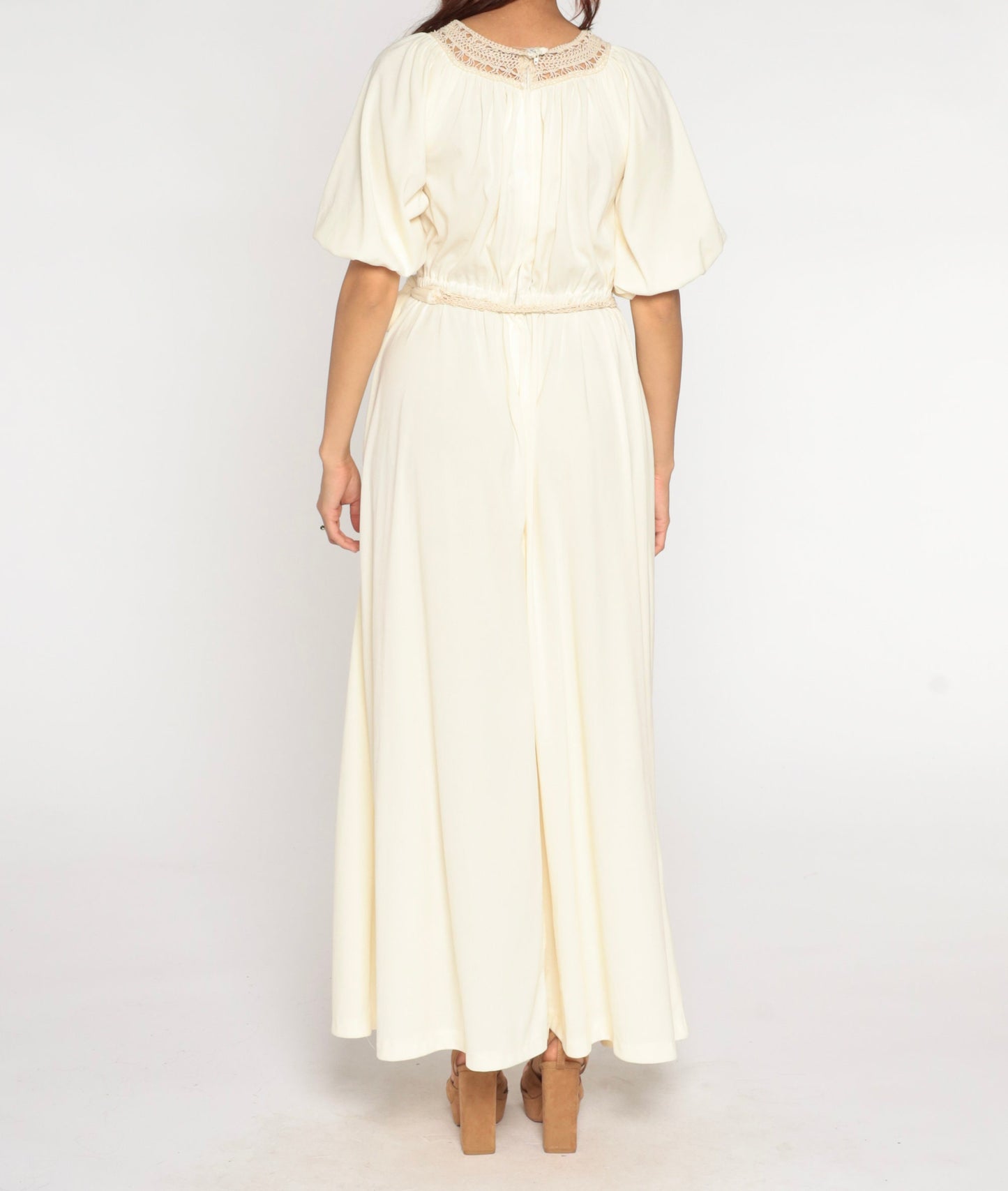 70s Cream Maxi Dress Crochet Trim High Waist Blouson Small