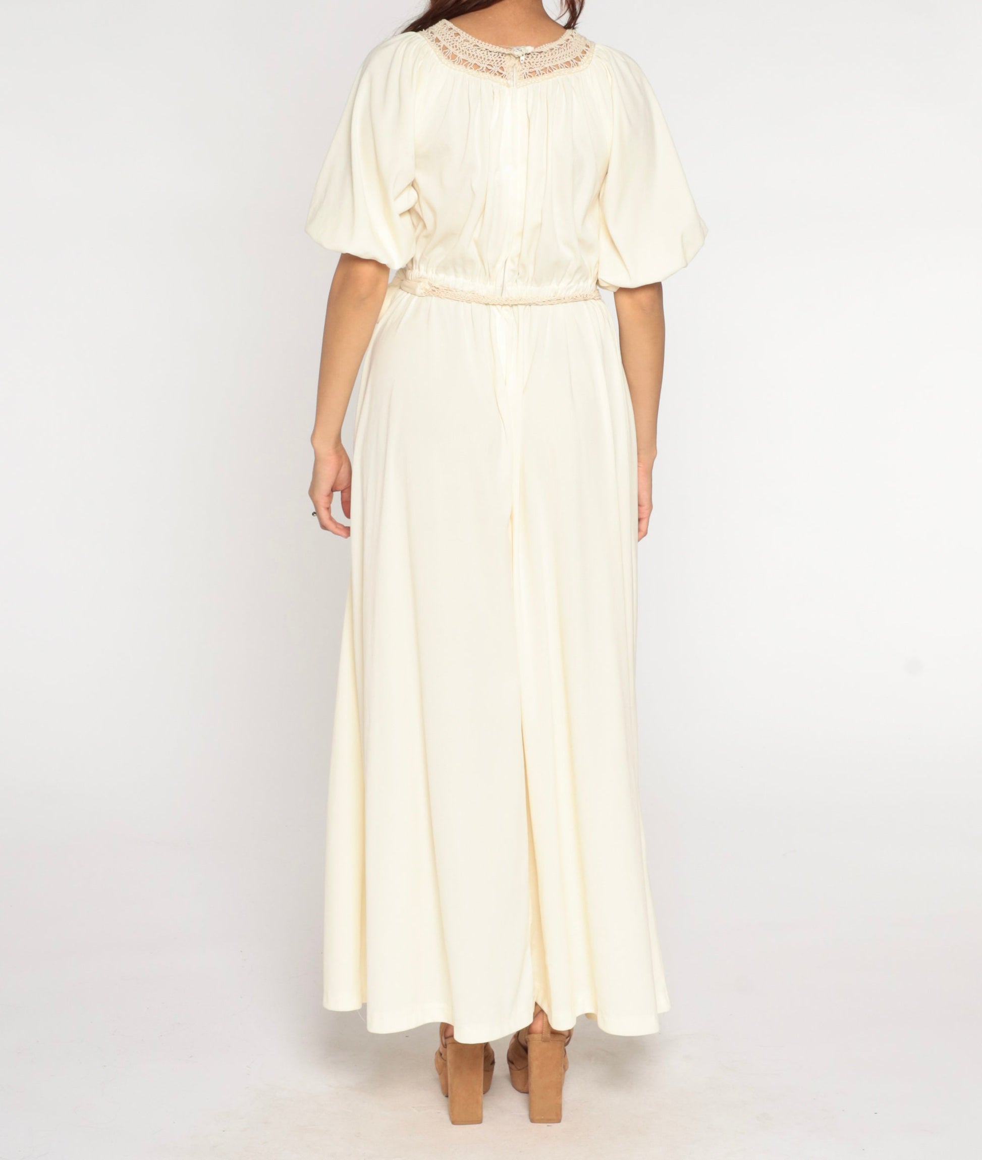 70s Cream Maxi Dress Crochet Trim High Waist Blouson Small