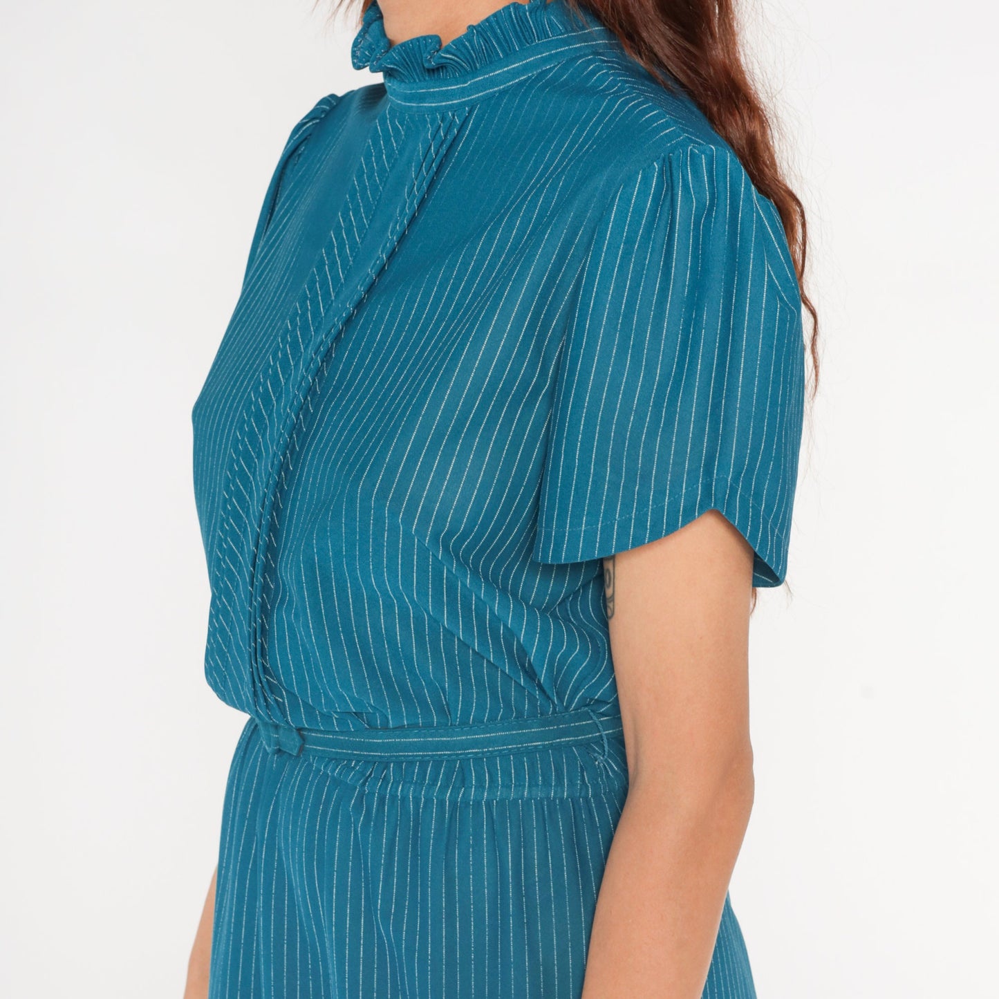 70s Teal Pinstripe Mini Dress Puff Sleeve High Waisted Belt Ruffle Neckline Medium