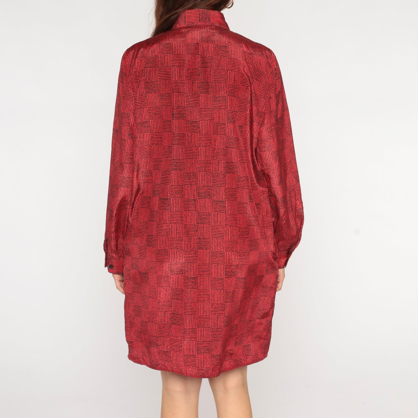 80s Red Black Checkered Mini Shirtdress Button Up Collar Long Sleeve Medium
