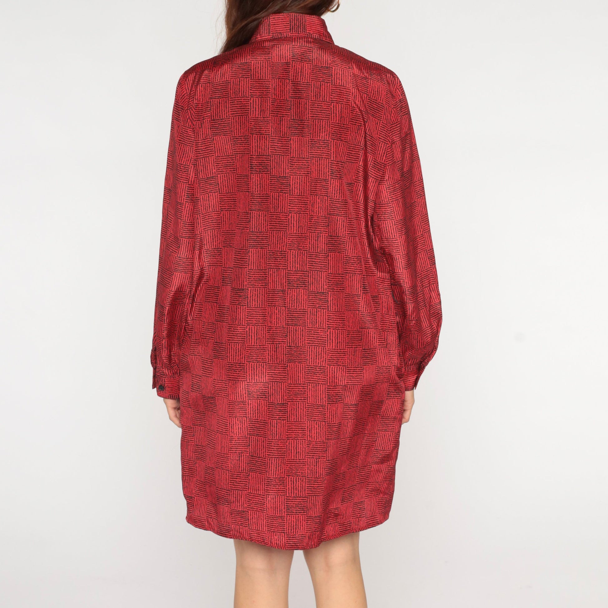 80s Red Black Checkered Mini Shirtdress Button Up Collar Long Sleeve Medium