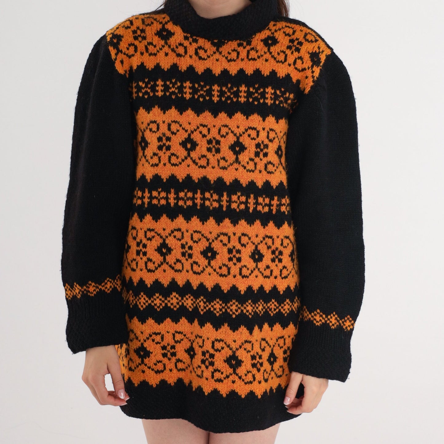 80s Fair Isle Sweater Orange Black Mock Neck Nordic Knit Medium Large