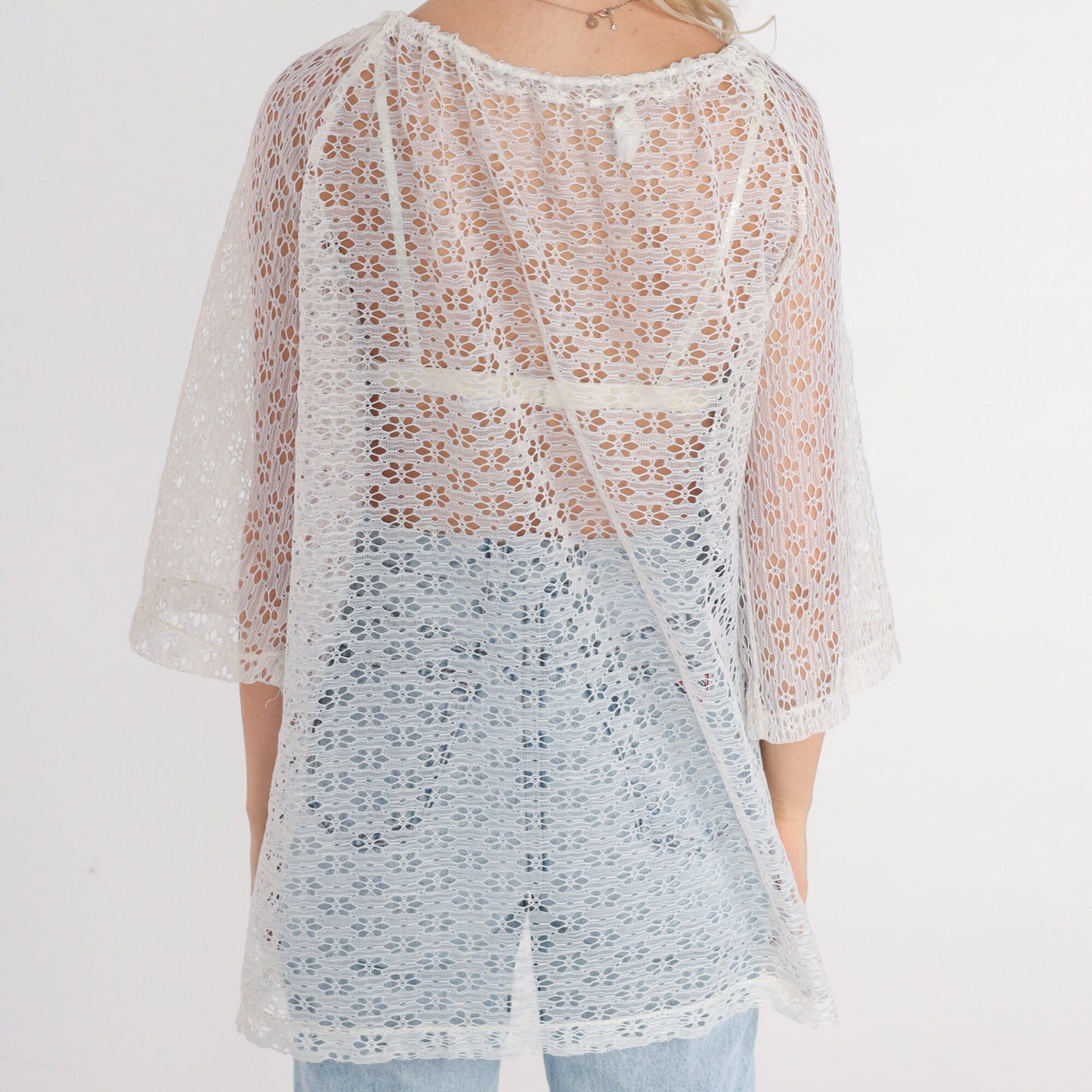 80s White Floral Lace Blouse Open Front Tie Neck 3/4 Sleeve Small