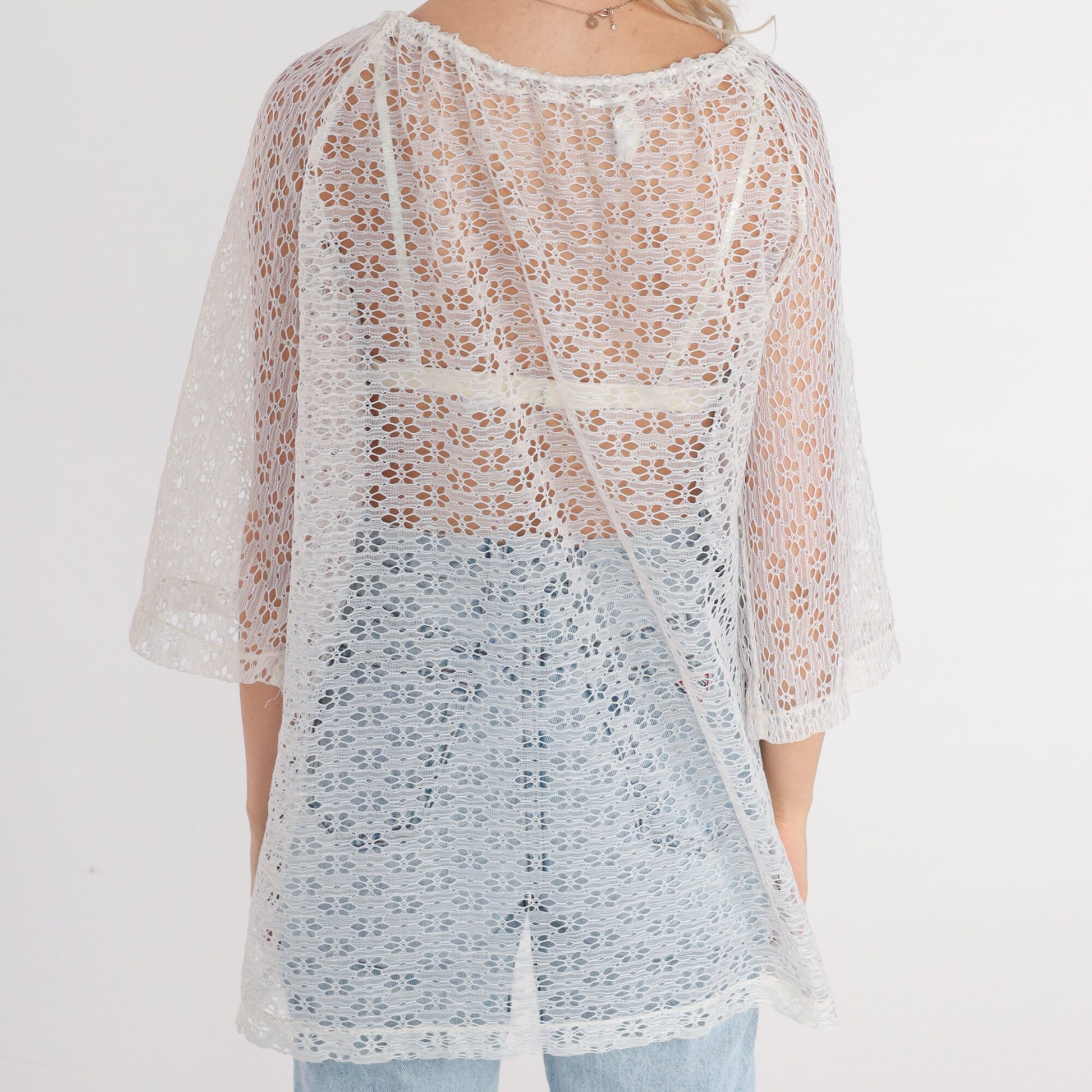 80s White Floral Lace Blouse Open Front Tie Neck 3/4 Sleeve Small