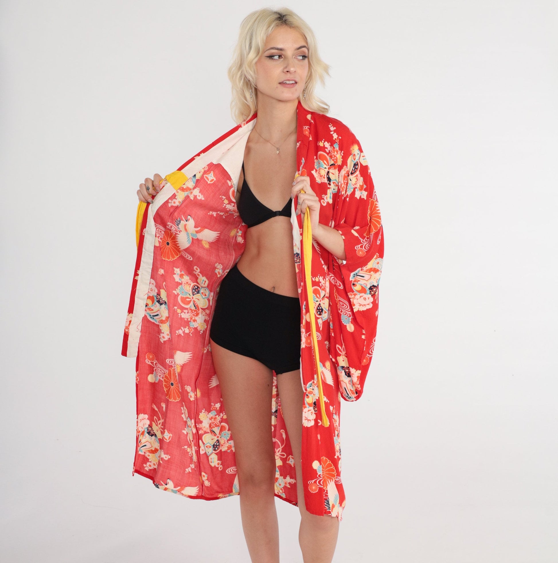 80s Red Floral Kimono Robe Midi Crane Print Tie Front Medium