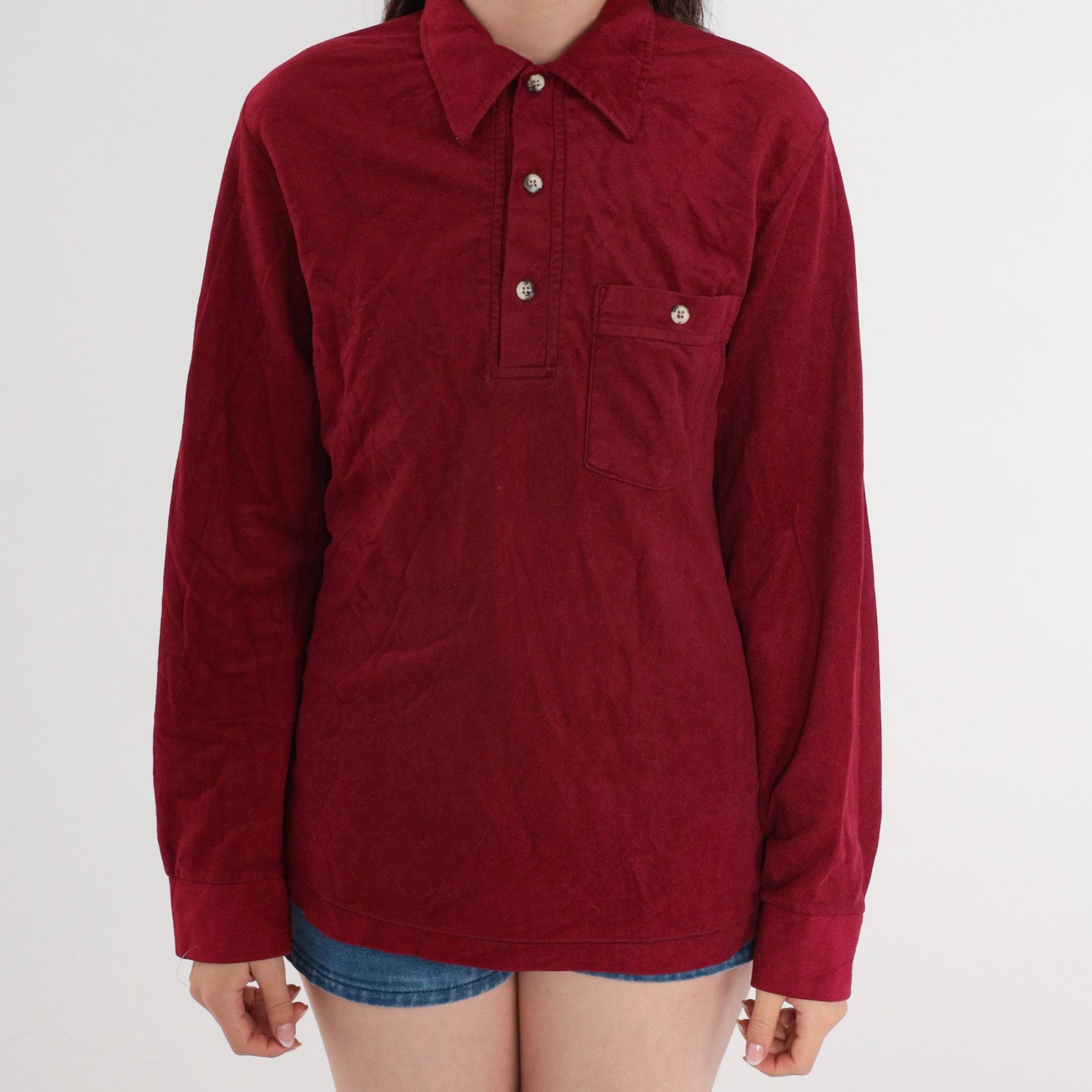 80s Burgundy Polo Shirt Half Button Long Sleeve Men's Small