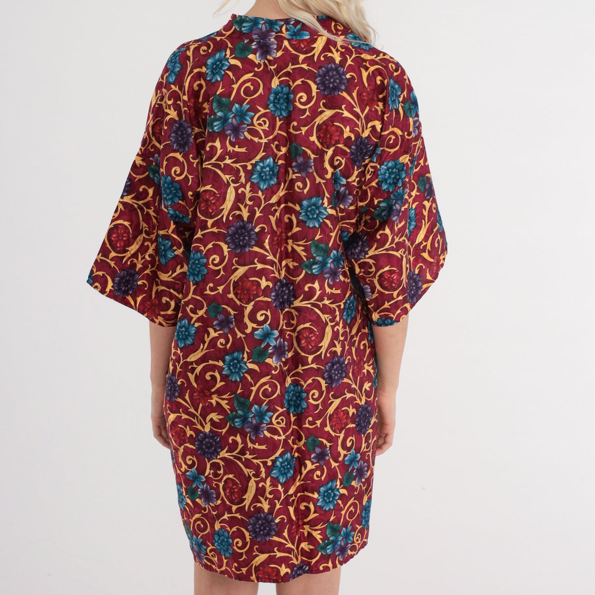 90s L.A Intimates Burgundy Floral Kimono Robe Mini Wrap Medium M