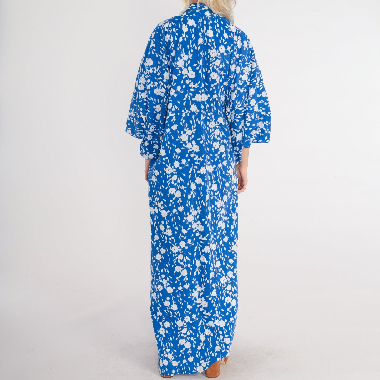 80s Blue Floral Cotton Kimono Robe Maxi Length Open Front Extra Large