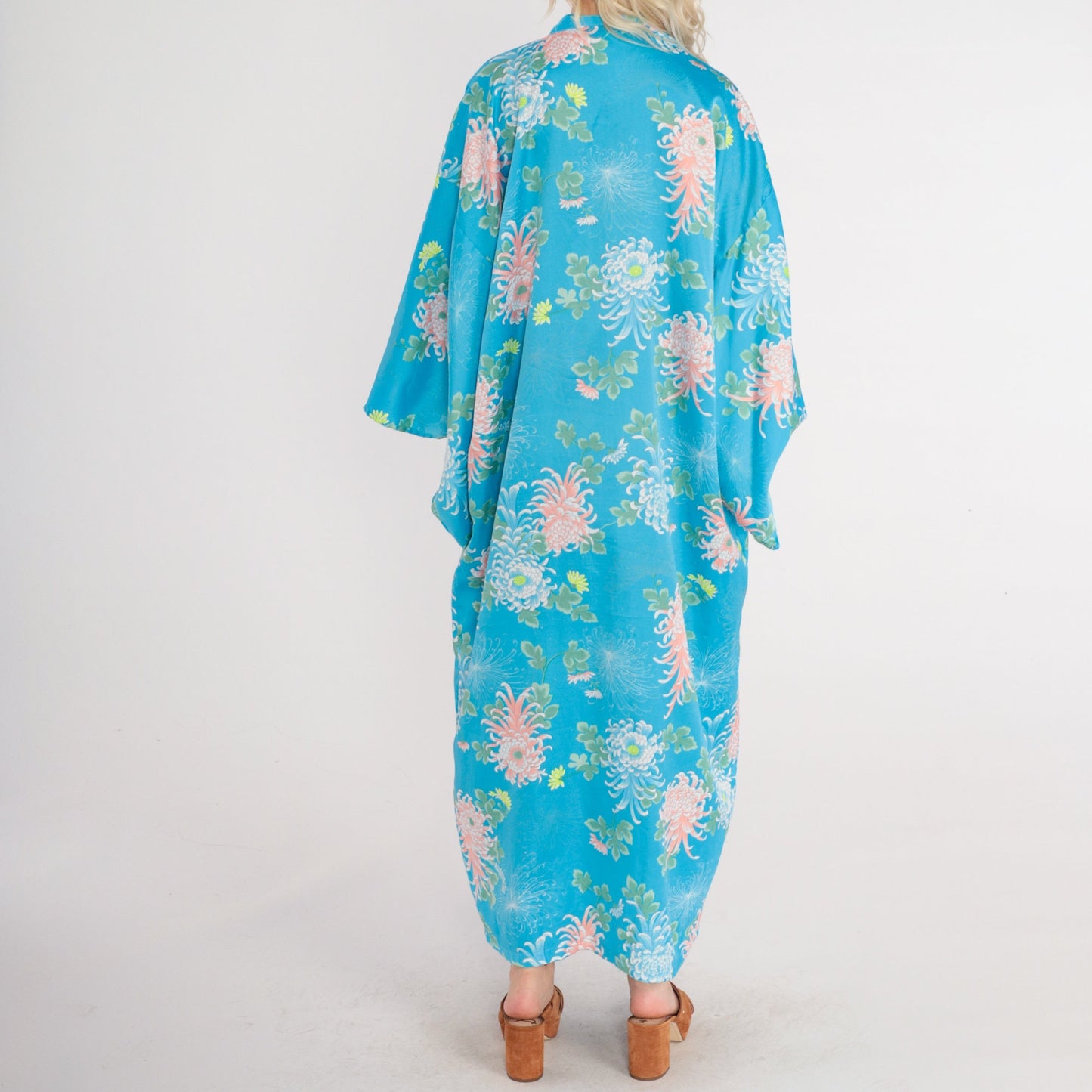 90s Blue Floral Kimono Robe Maxi Open Front Japanese Print Medium Large
