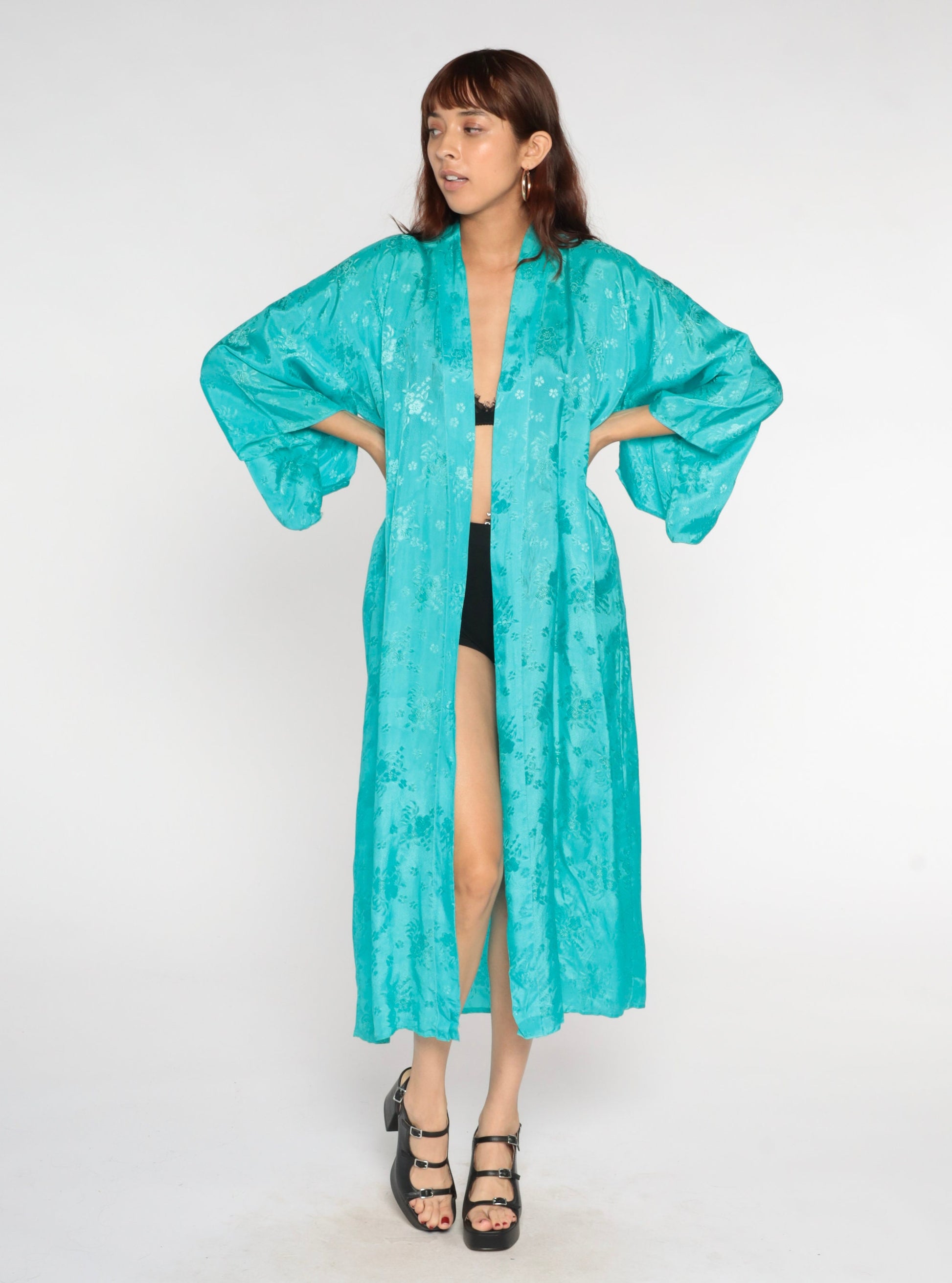 80s Dragon Embroidered Kimono Robe Turquoise Floral Maxi Small