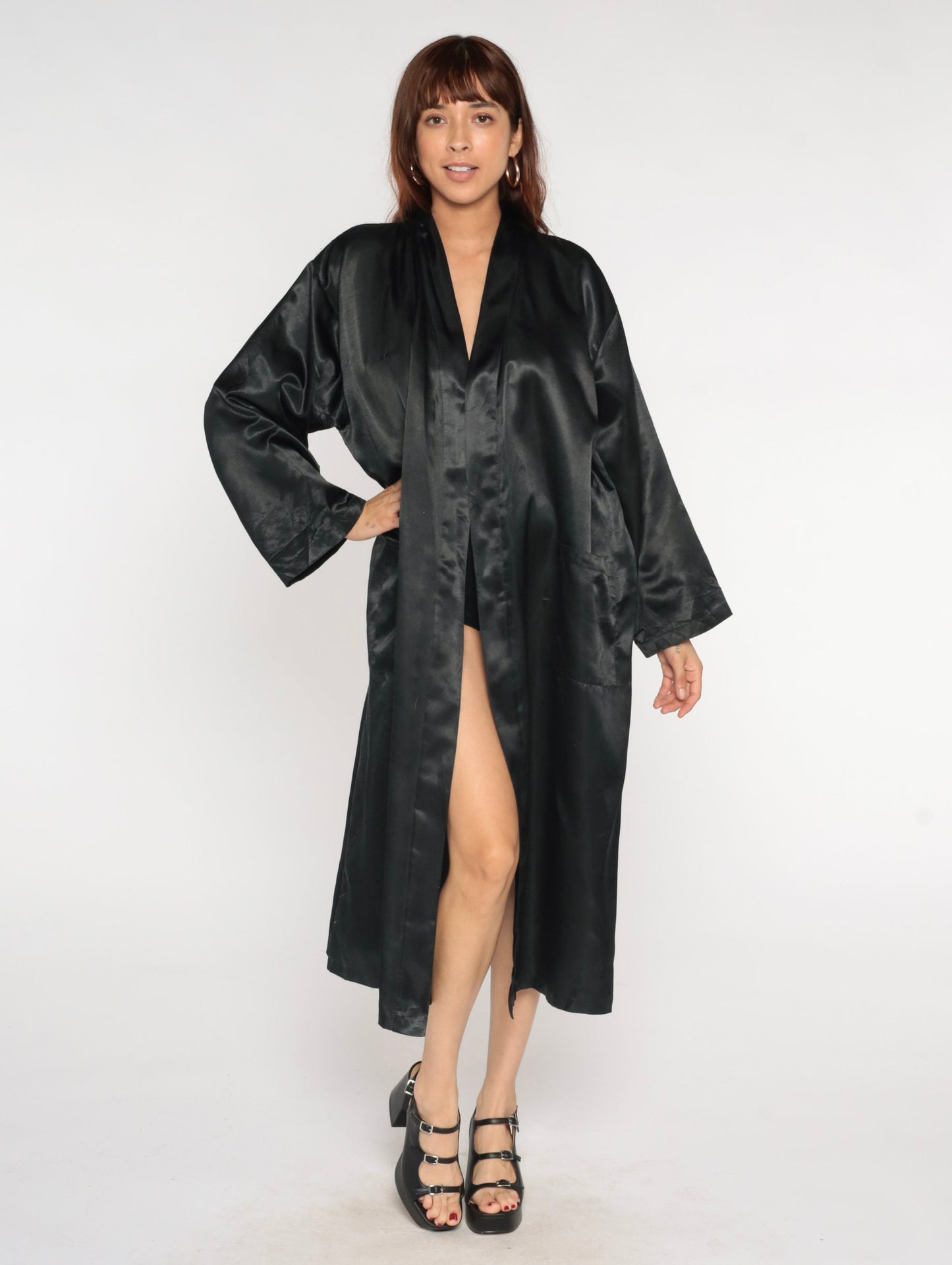 90s Black Satin Kimono Robe Floral Embroidered Open Front Maxi Medium
