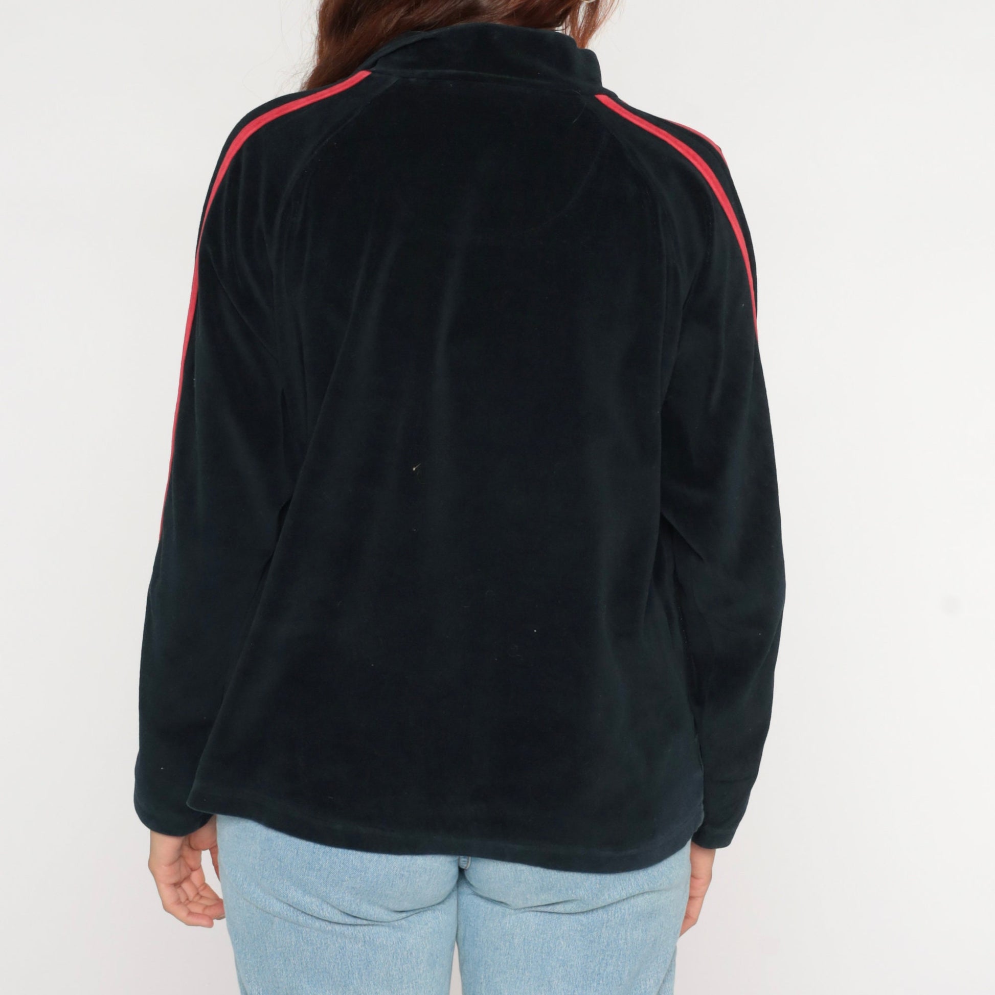 Y2K Black Velour Track Jacket Red Stripes Zip Up Medium