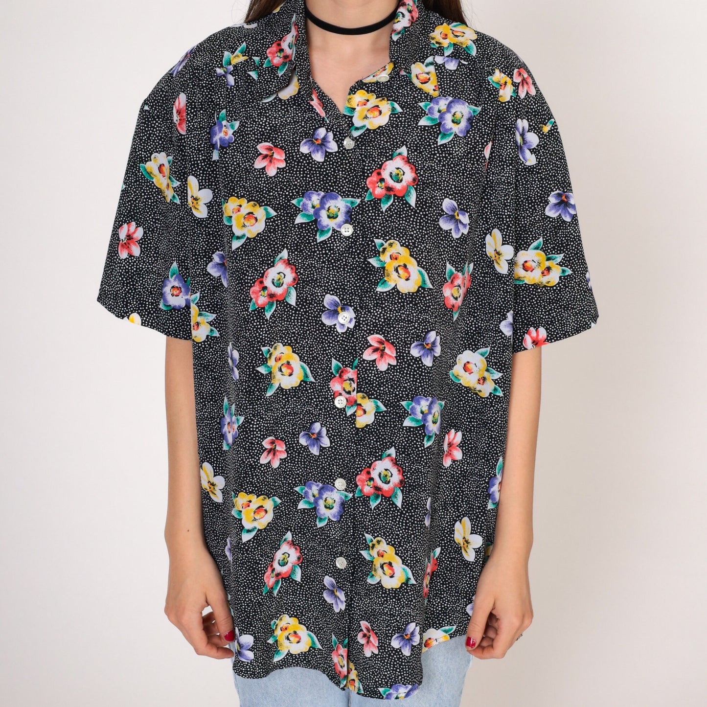 90s The Villager Polka Dot Floral Button-Up Blouse Black Short Sleeve Small