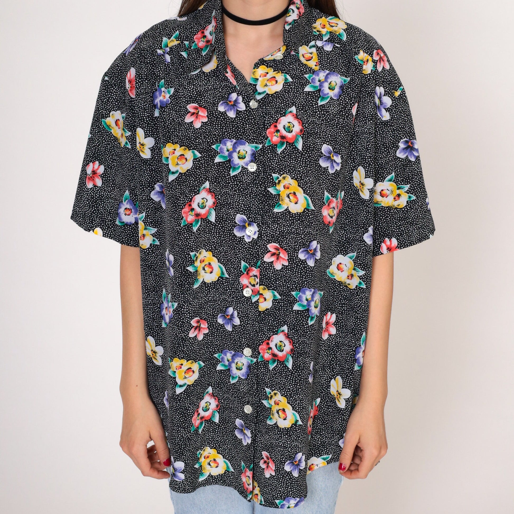 90s The Villager Polka Dot Floral Button-Up Blouse Black Short Sleeve Small