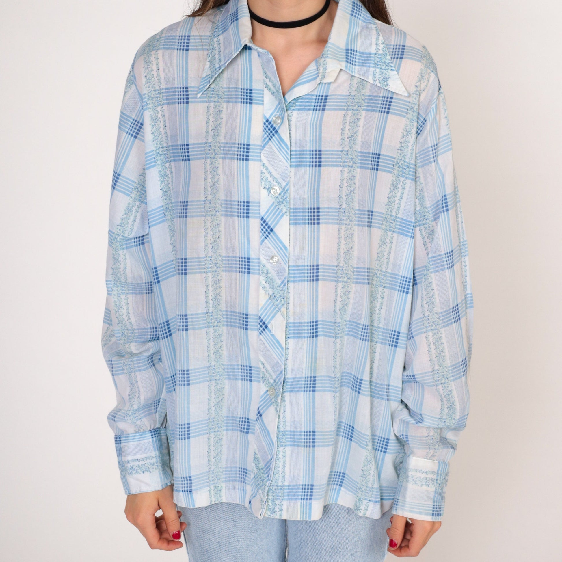 70s Checkered Floral Button-Up Blouse White Blue Plaid Long Sleeve Large L