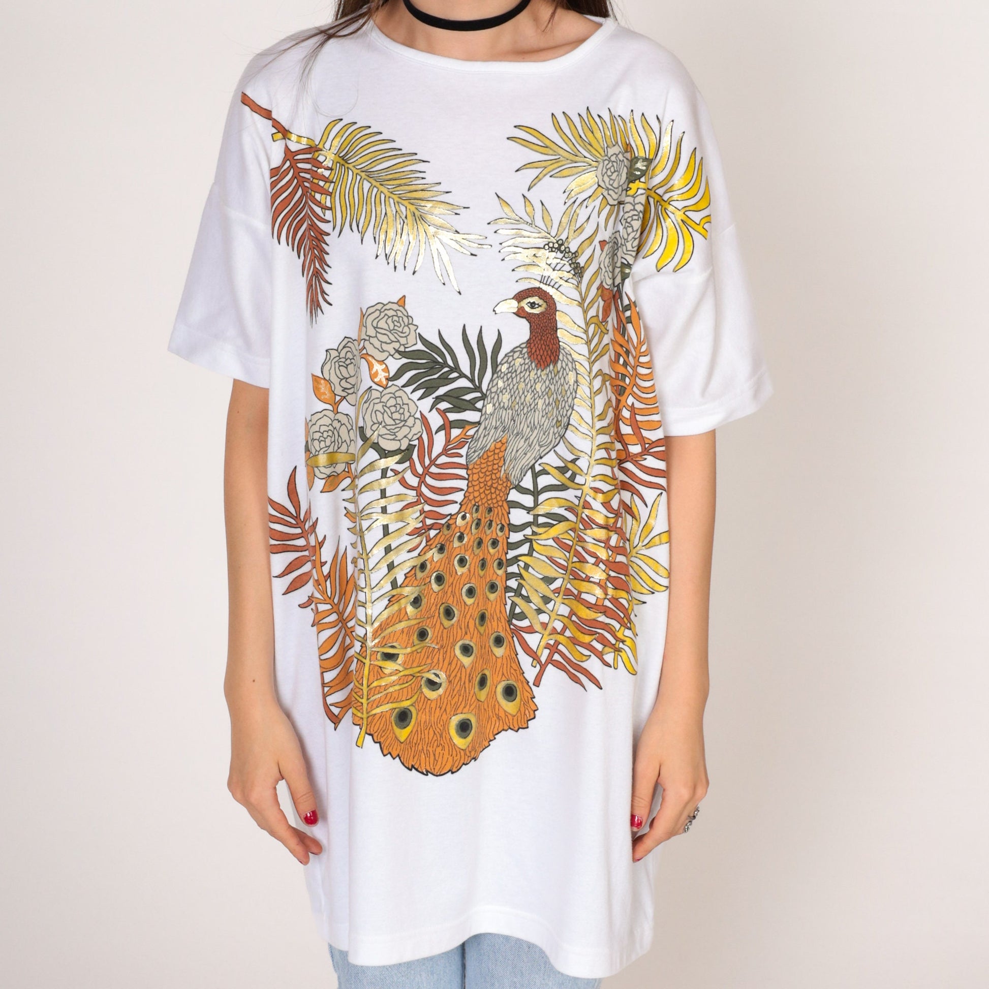 90s Peacock Metallic Gold Graphic T-Shirt Dress White Large L