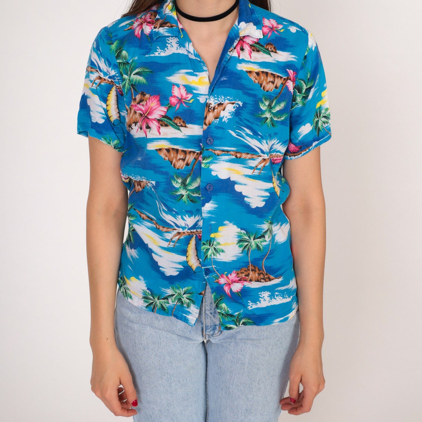 90s Blue Tropical Hawaiian Shirt Button-Up Blouse Floral Print Extra Small