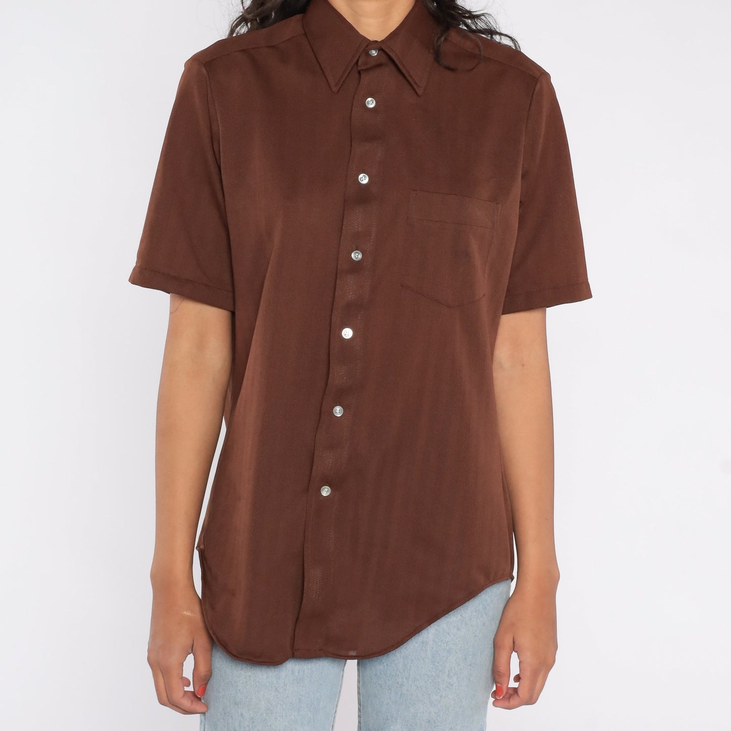70s Di Lorenzo Brown Striped Button Up Shirt Short Sleeve Men's Medium