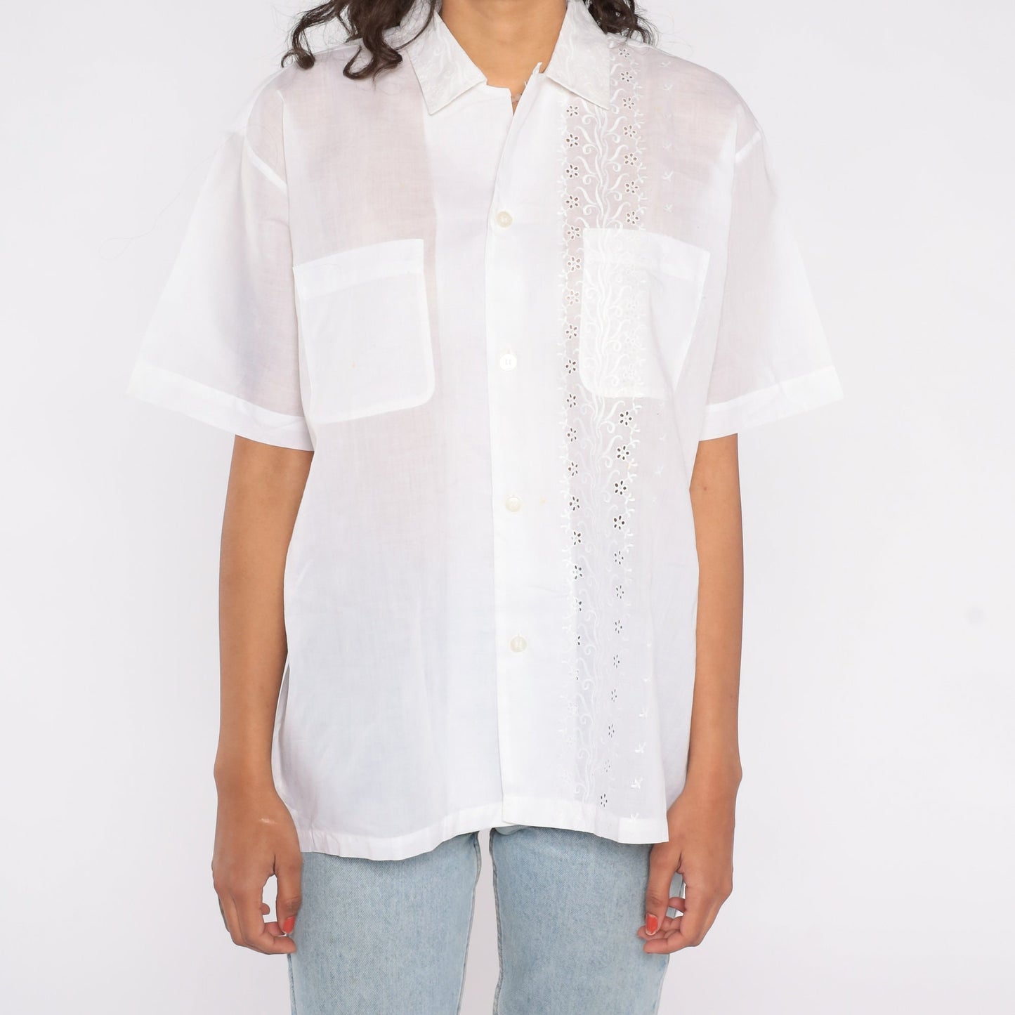80s Harilelas White Floral Eyelet Cotton Shirt Short Sleeve Men's Medium