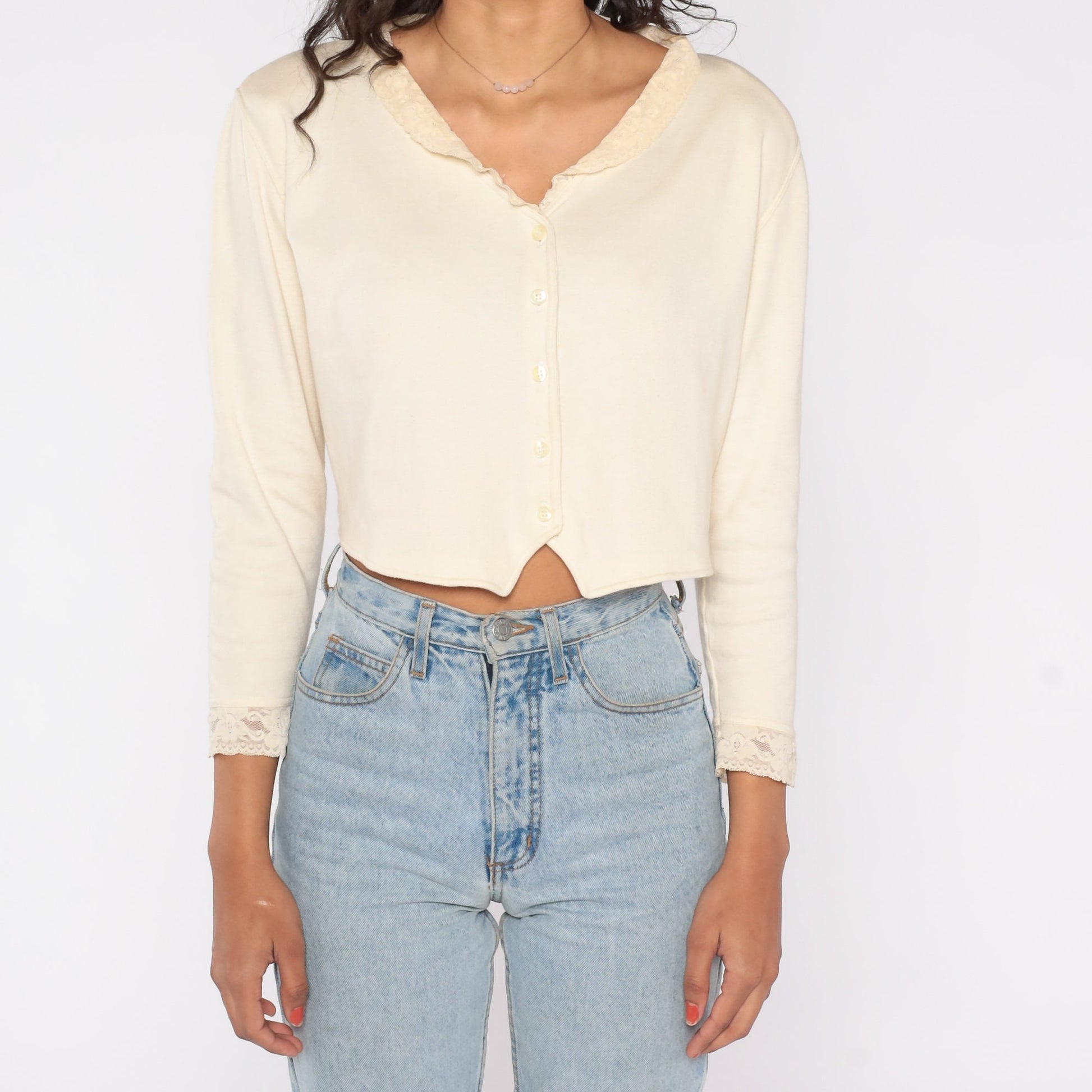 90s Cream Lace Trim Cropped Blouse Button Up Long Sleeve Small Medium