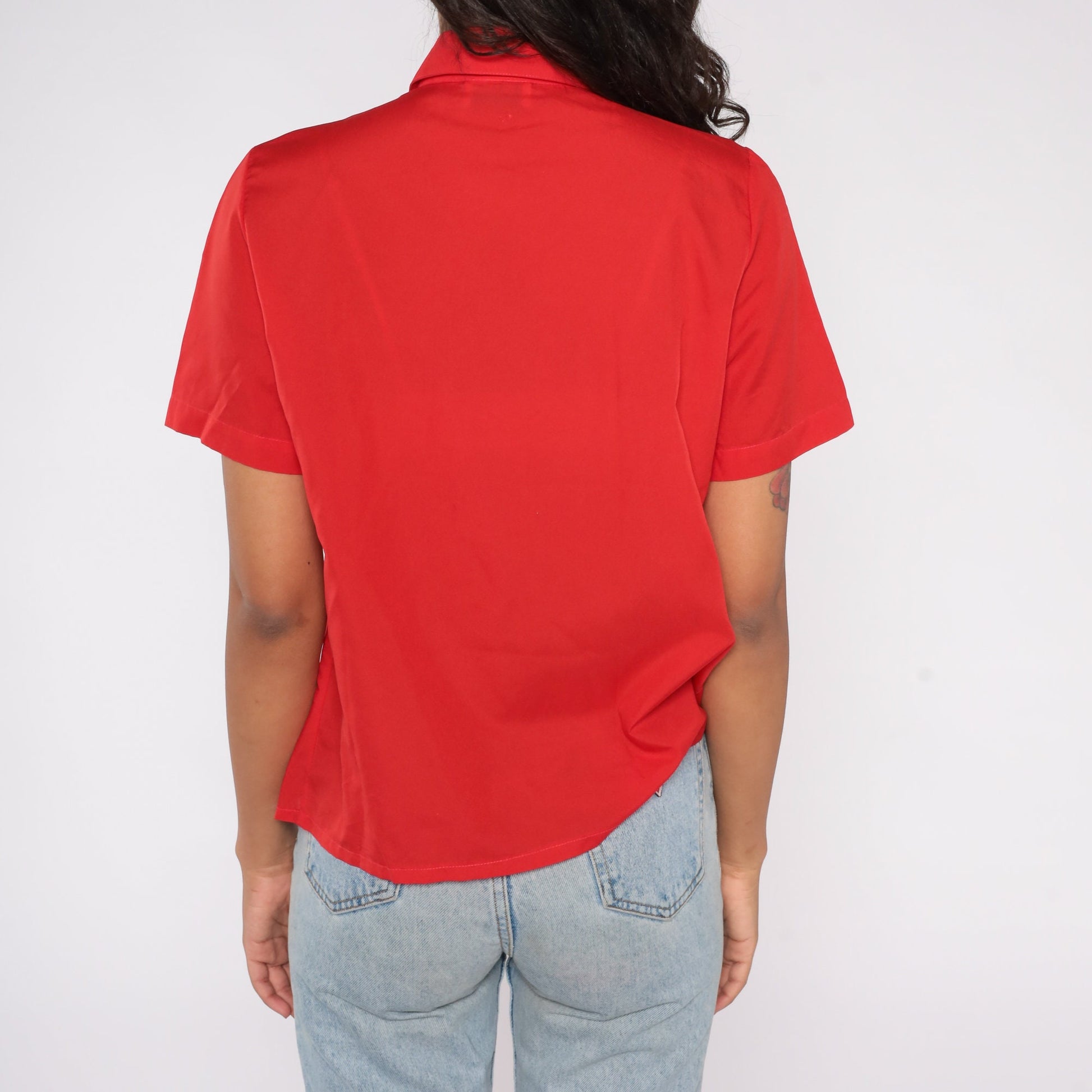 80s Judy Bond Red Button-Up Blouse Pleated Chest Short Sleeve Small S