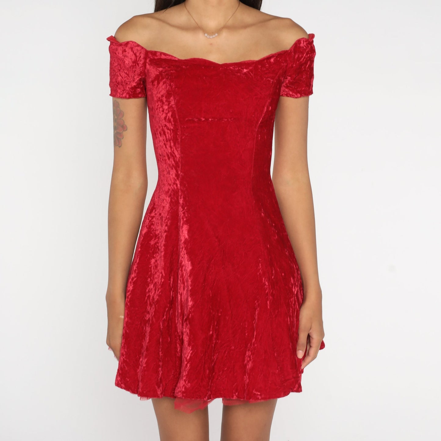 80s Red Velvet Mini Dress Off-Shoulder Scalloped Fit Flare Extra Small