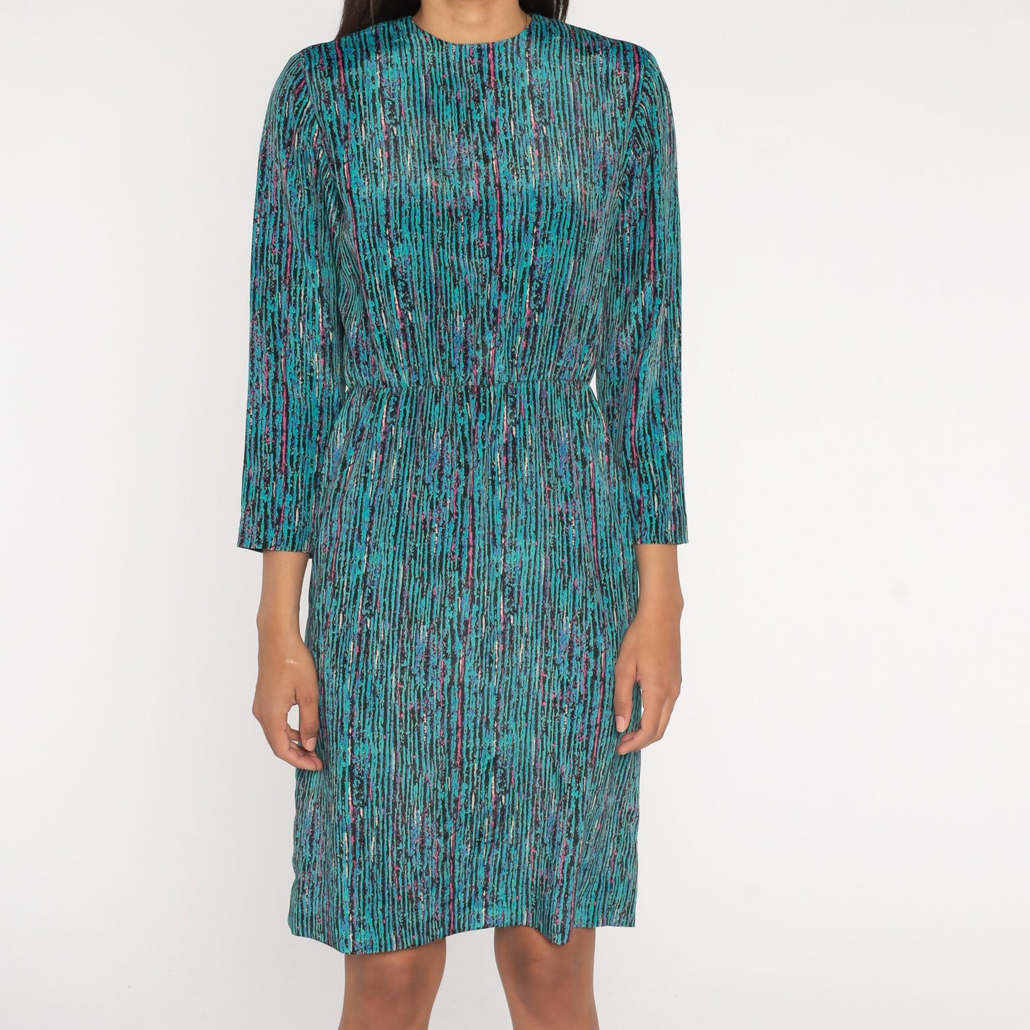 80s Turquoise Striped Midi Dress High Waist Long Sleeve Small S