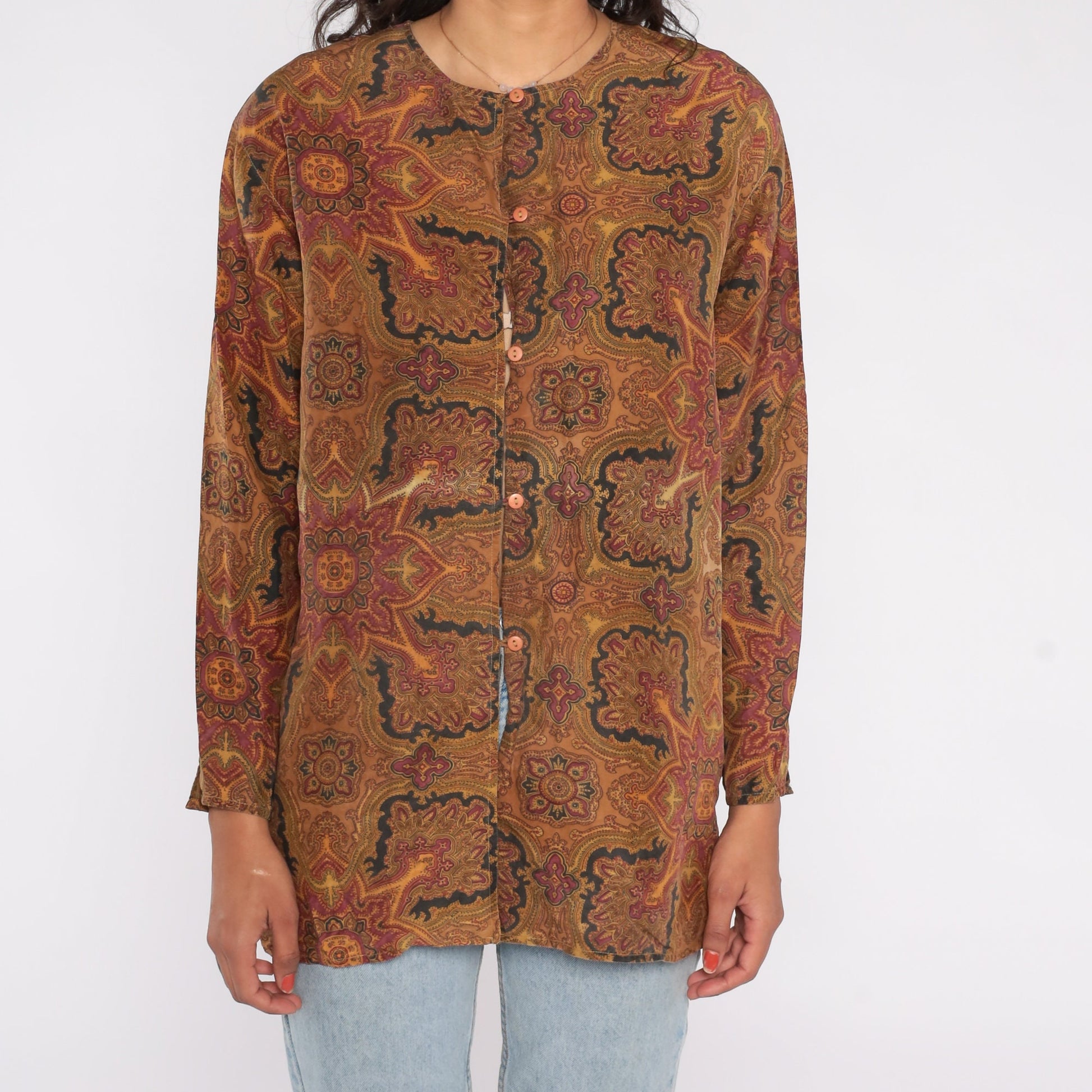 90s Geometric Print Button-Up Blouse Brown Yellow Long Sleeve Large L