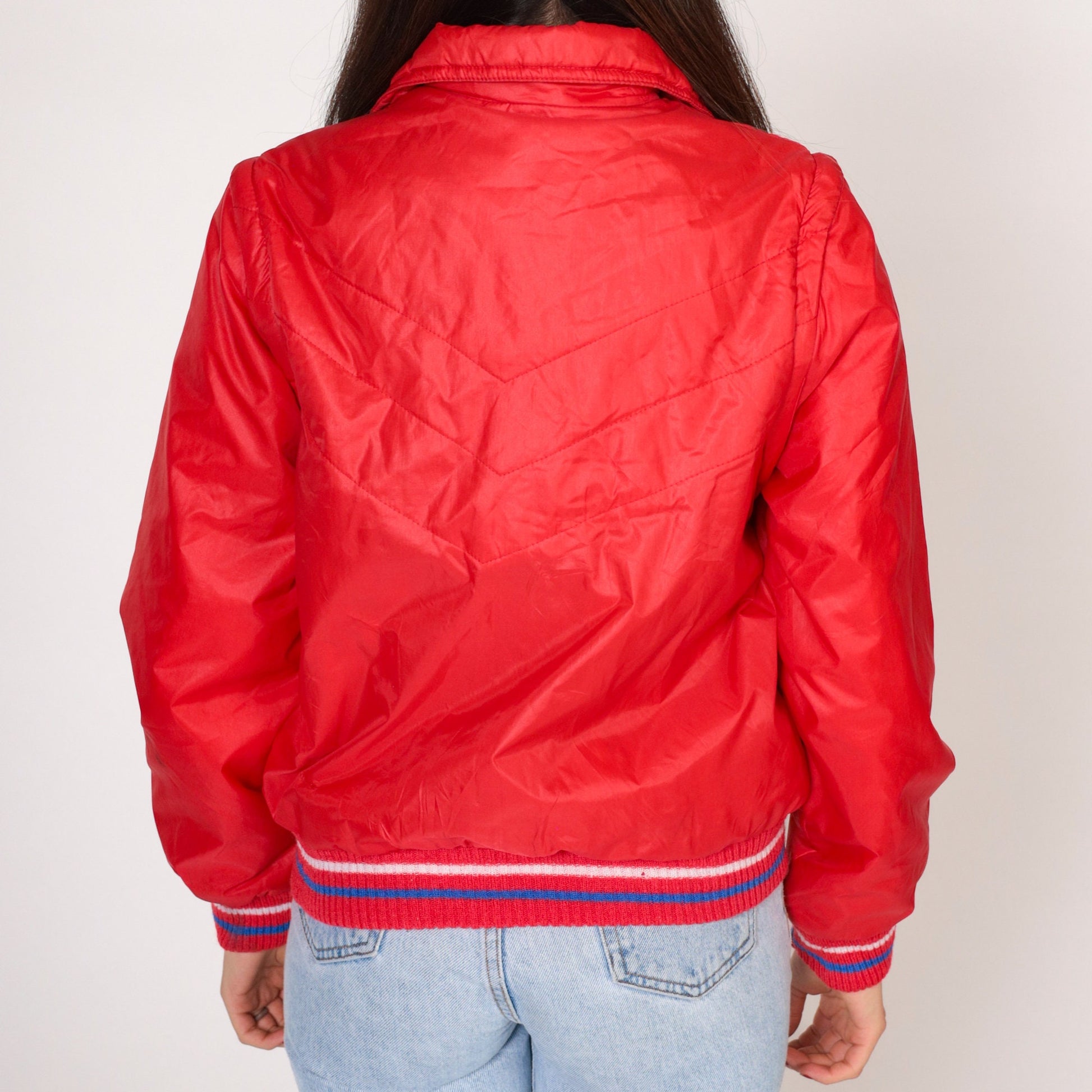 80s Red Quilted Convertible Jacket Zip-Off Sleeves Windbreaker Extra Small
