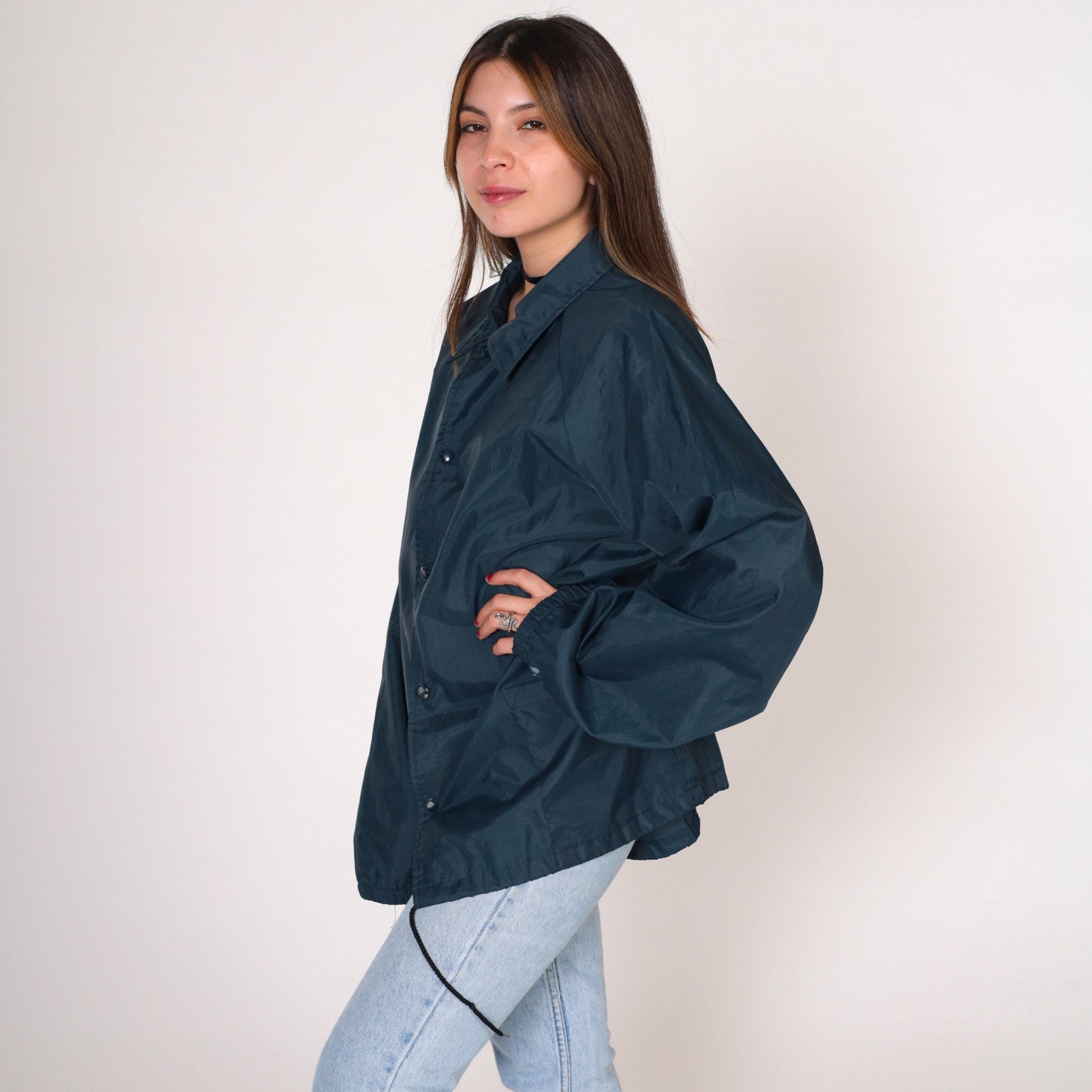 80s Kuether Distributing Co Windbreaker Jacket Navy Nylon Snap Raglan Large L